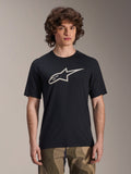 Alpinestars A-Dura Astar Jersey, kortärmad MTB-tröja, svart med vit stjärnlogotyp, bärs med kamouflagebyxor, lediga mountainbike-kläder, tekniskt fukttransporterande material