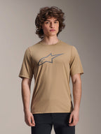 Alpinestars A-Dura Astar Short Sleeve Jersey, Light Brown, worn by male model with black pants, grey Alpinestars star logo on the chest, casual mountain bike jersey for trail riding