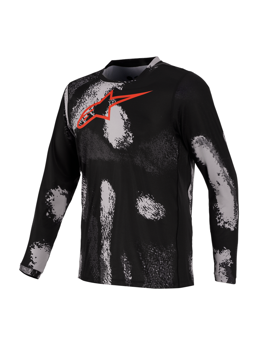 Alpinestars A-Dura Ride tröja, långärmad MTB-cykeltröja, svart kamouflage med röd bröstlogotyp, snabbtorkande material