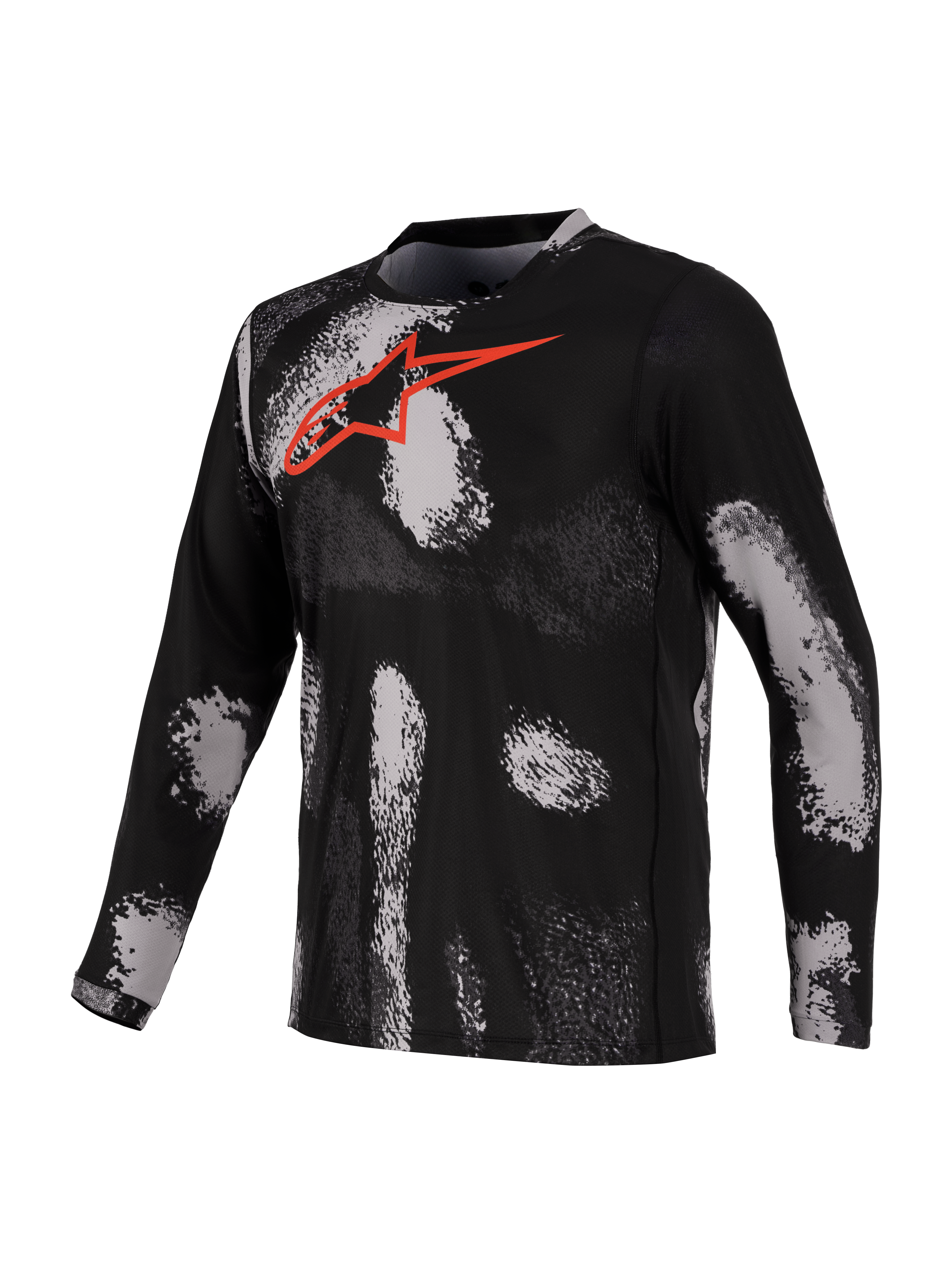 Alpinestars A-Dura Ride tröja, långärmad MTB-cykeltröja, svart kamouflage med röd bröstlogotyp, snabbtorkande material