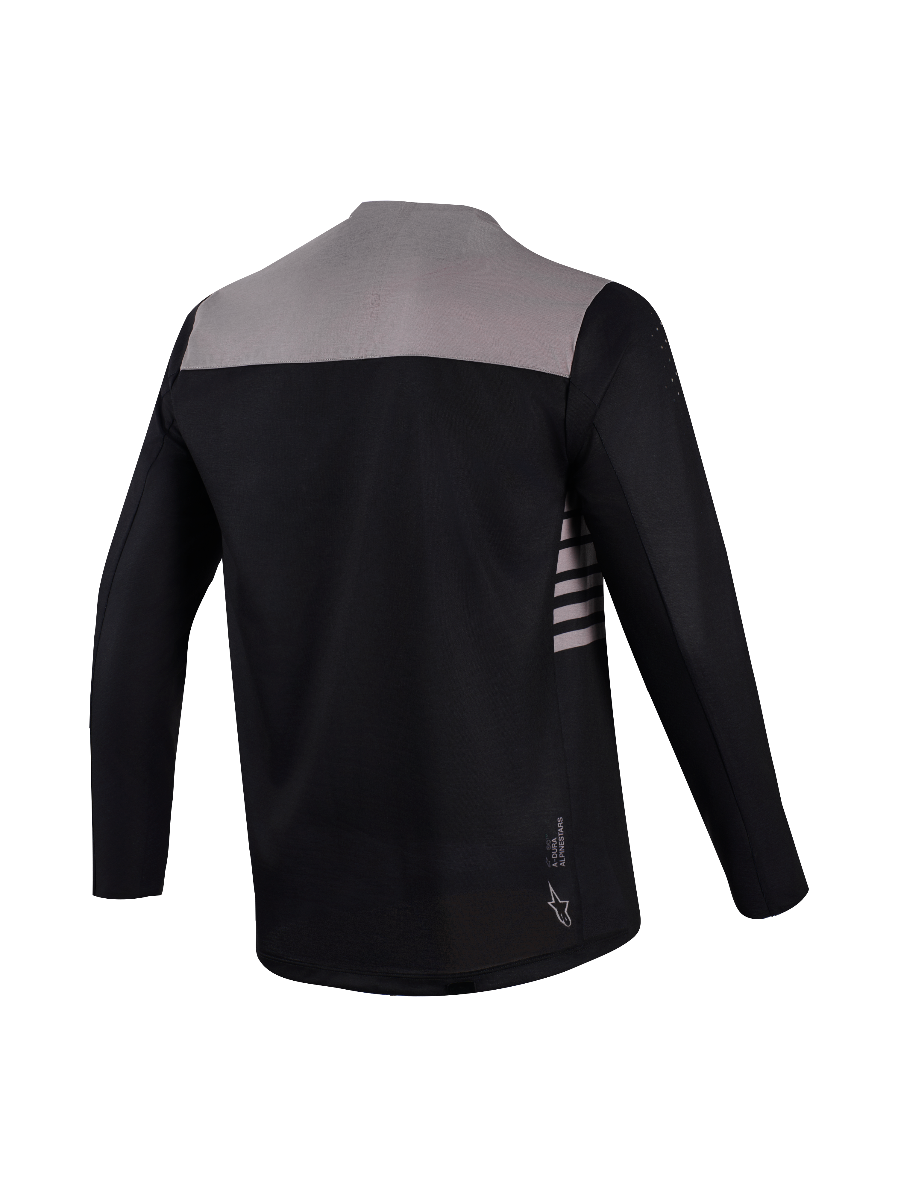 A-Dura Elite Long Sleeve Jersey 2.0 in black and gray, back view showing dropped tail and athletic MTB performance design.