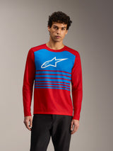 A-Dura Elite 2.0 red long-sleeve jersey with blue chest block, white Alpinestars logo, and stripes for MTB trail riding.