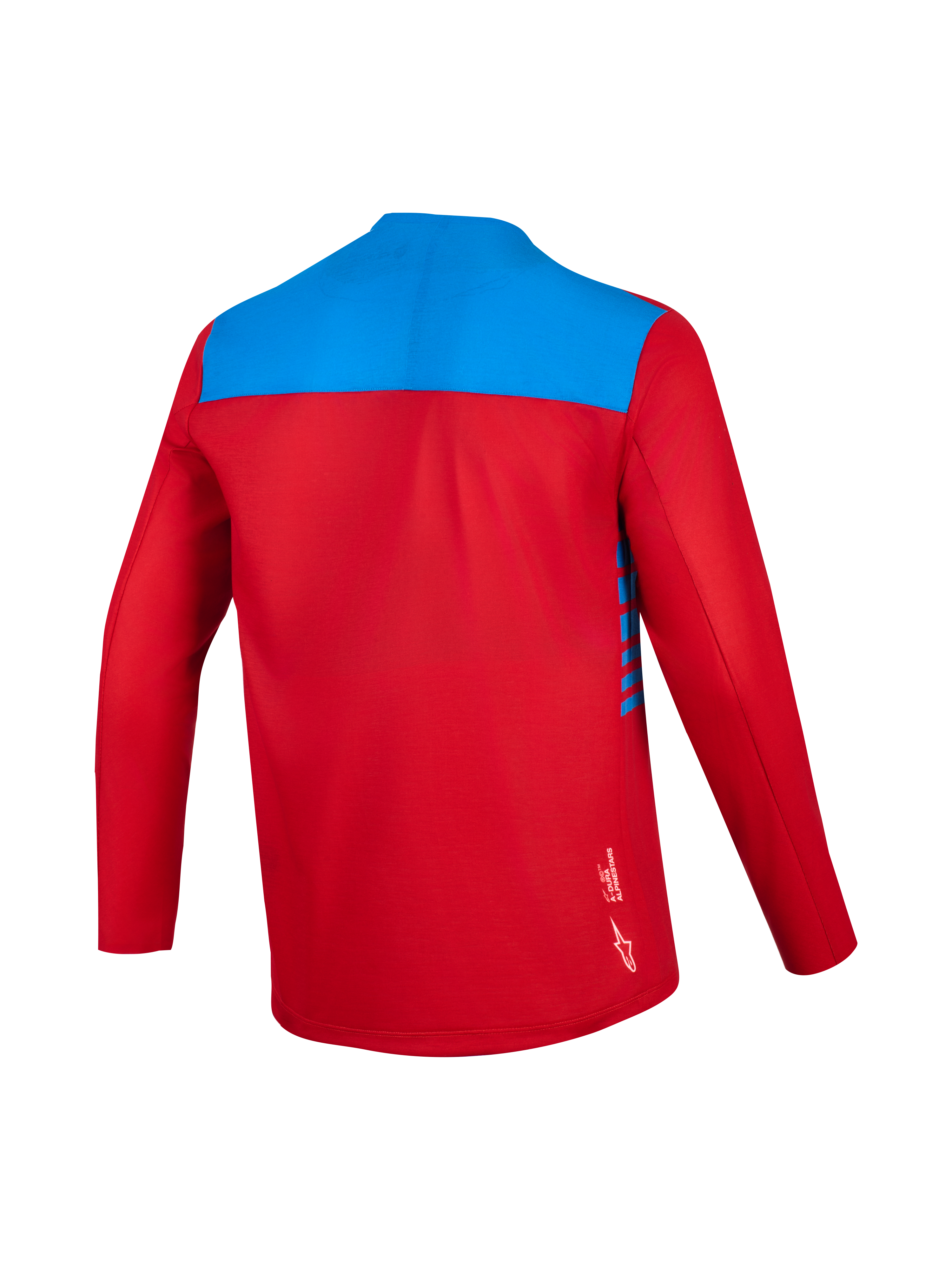 Alpinestars A-Dura Elite tröja 2.0 långärmad, röd och blå, ryggvy med fukttransporterande tyg för trail.
