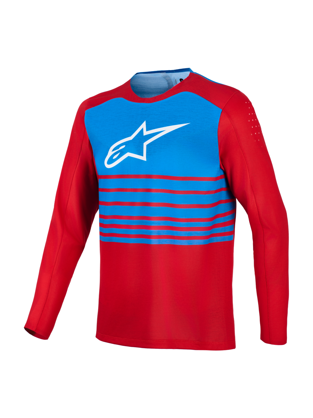 Röd och blå A-Dura Elite 2.0 långärmad MTB-tröja med vit Alpinestars-logotyp på bröstet och bicepventilation.