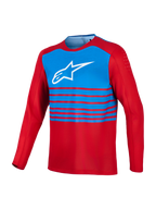 Röd och blå A-Dura Elite 2.0 långärmad MTB-tröja med vit Alpinestars-logotyp på bröstet och bicepventilation.