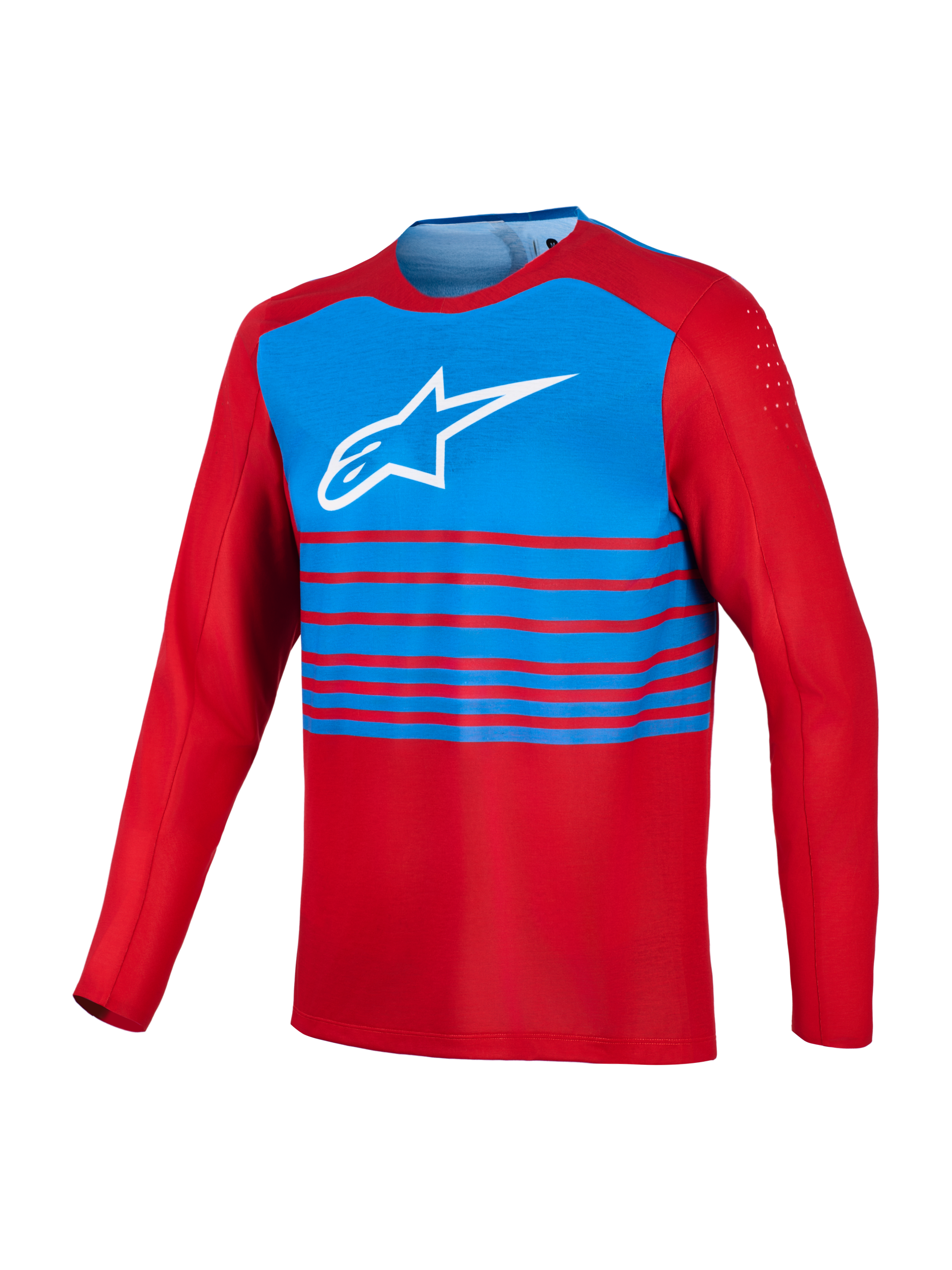 Röd och blå A-Dura Elite 2.0 långärmad MTB-tröja med vit Alpinestars-logotyp på bröstet och bicepventilation.