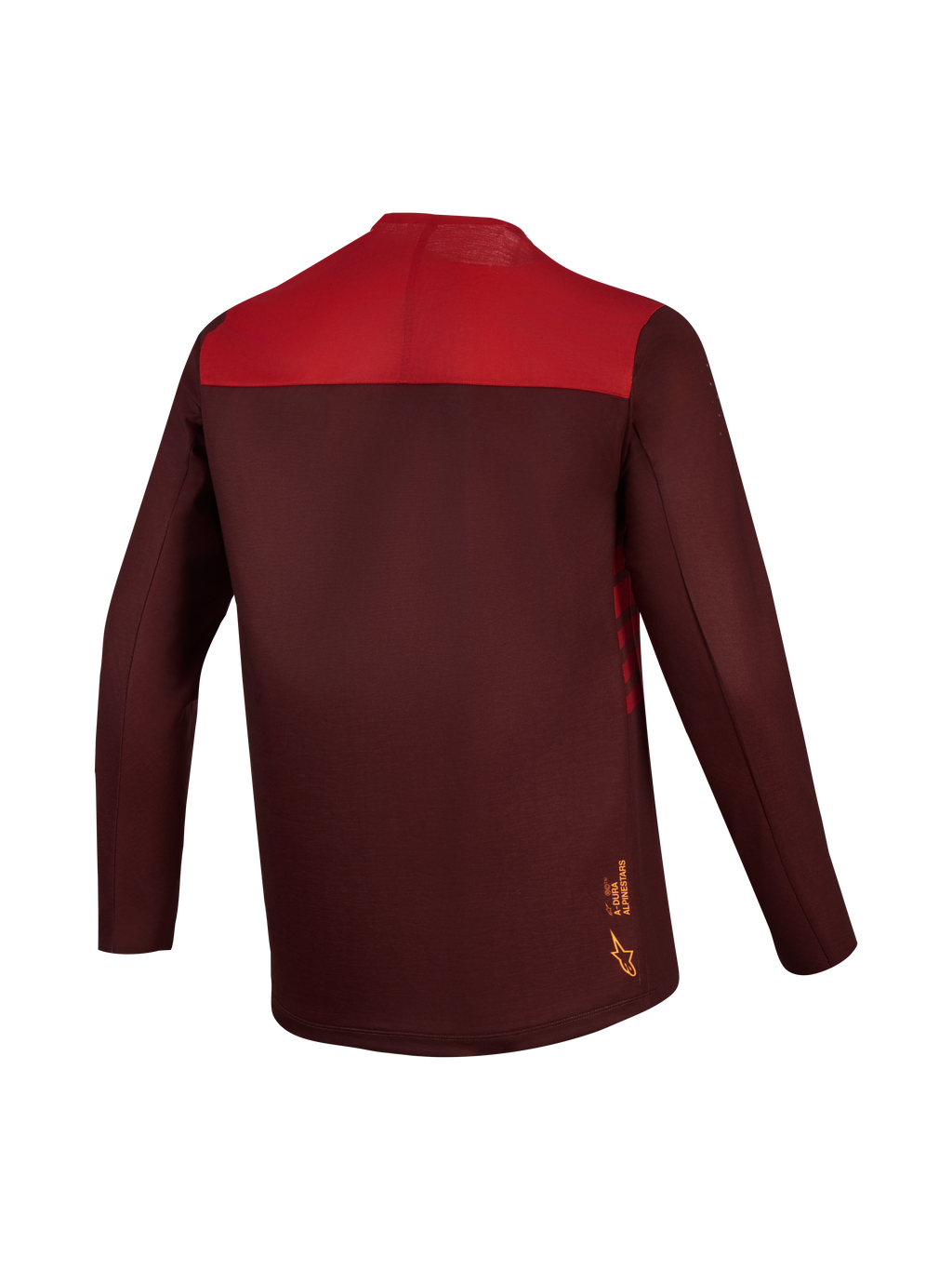 Alpinestars A-Dura Elite Tröja 2.0, långärmad MTB-tröja i bordeaux och rött med färgblockerad rygg och förlängt ryggparti.