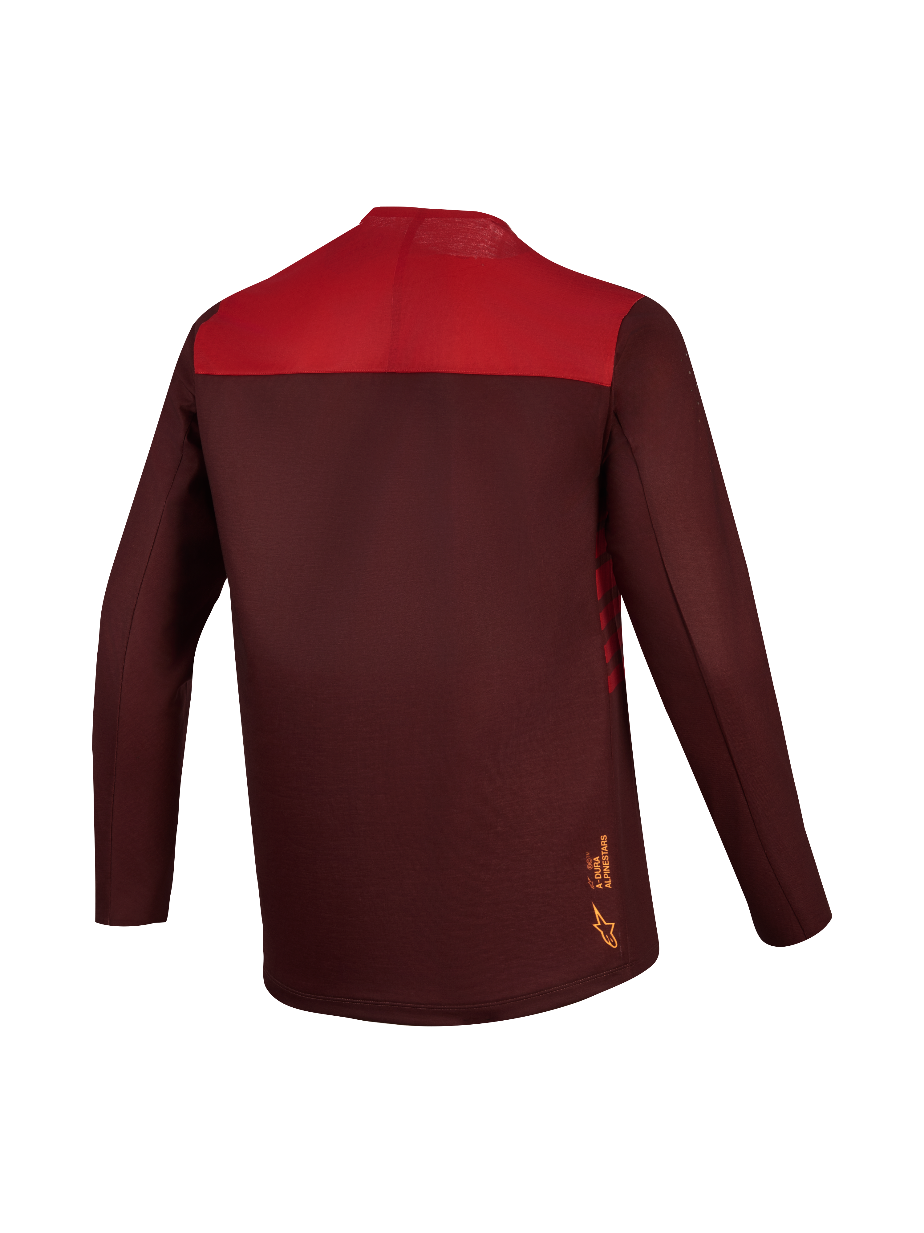 Alpinestars A-Dura Elite Tröja 2.0, långärmad MTB-tröja i bordeaux och rött med färgblockerad rygg och förlängt ryggparti.
