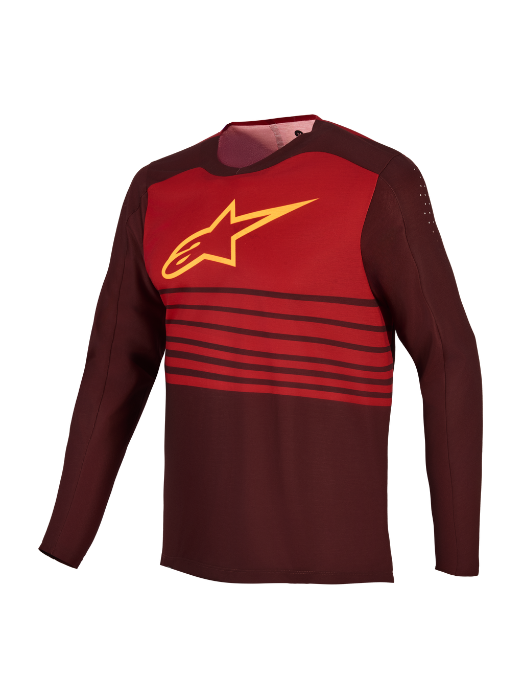 A-Dura Elite Tröja 2.0, långärmad MTB-tröja i bordeaux med rött bröstparti och gul Astars-logotyp.