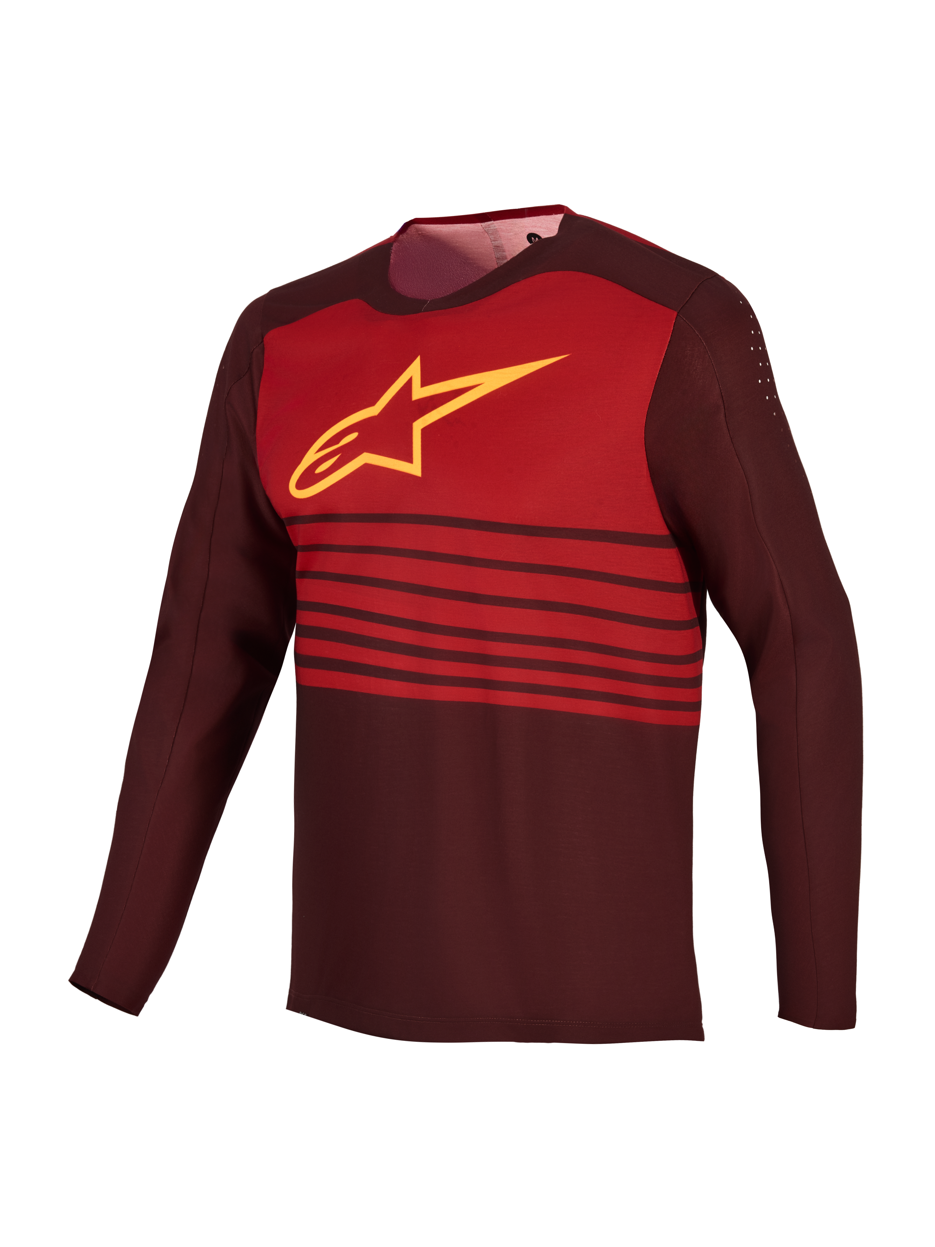 A-Dura Elite Tröja 2.0, långärmad MTB-tröja i bordeaux med rött bröstparti och gul Astars-logotyp.