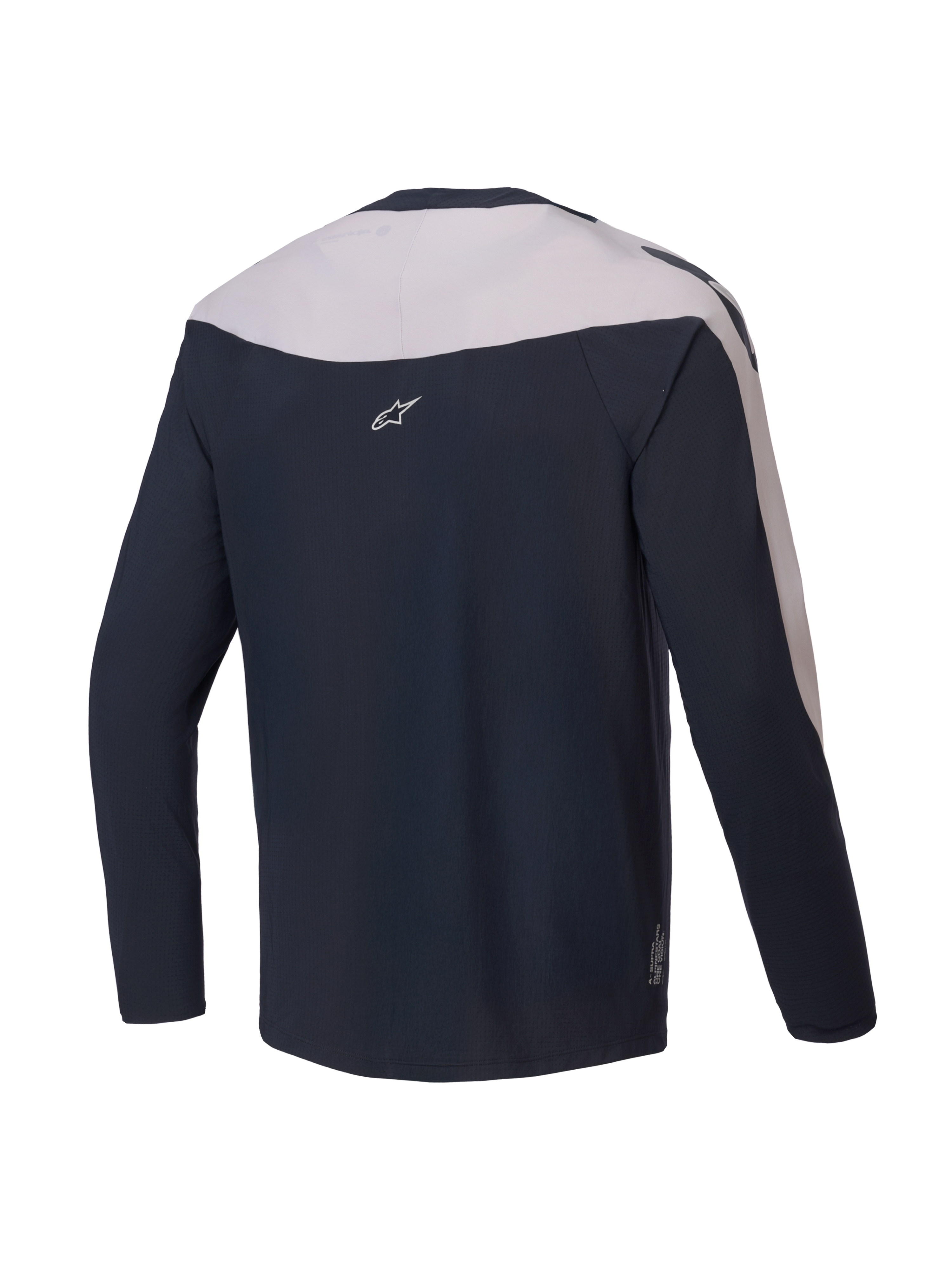 Alpinestars A-Supra Melt Jersey, long-sleeve MTB cycling jersey, back view, Black and Light Grey, lightweight micro-perforated polyester with stretch panels