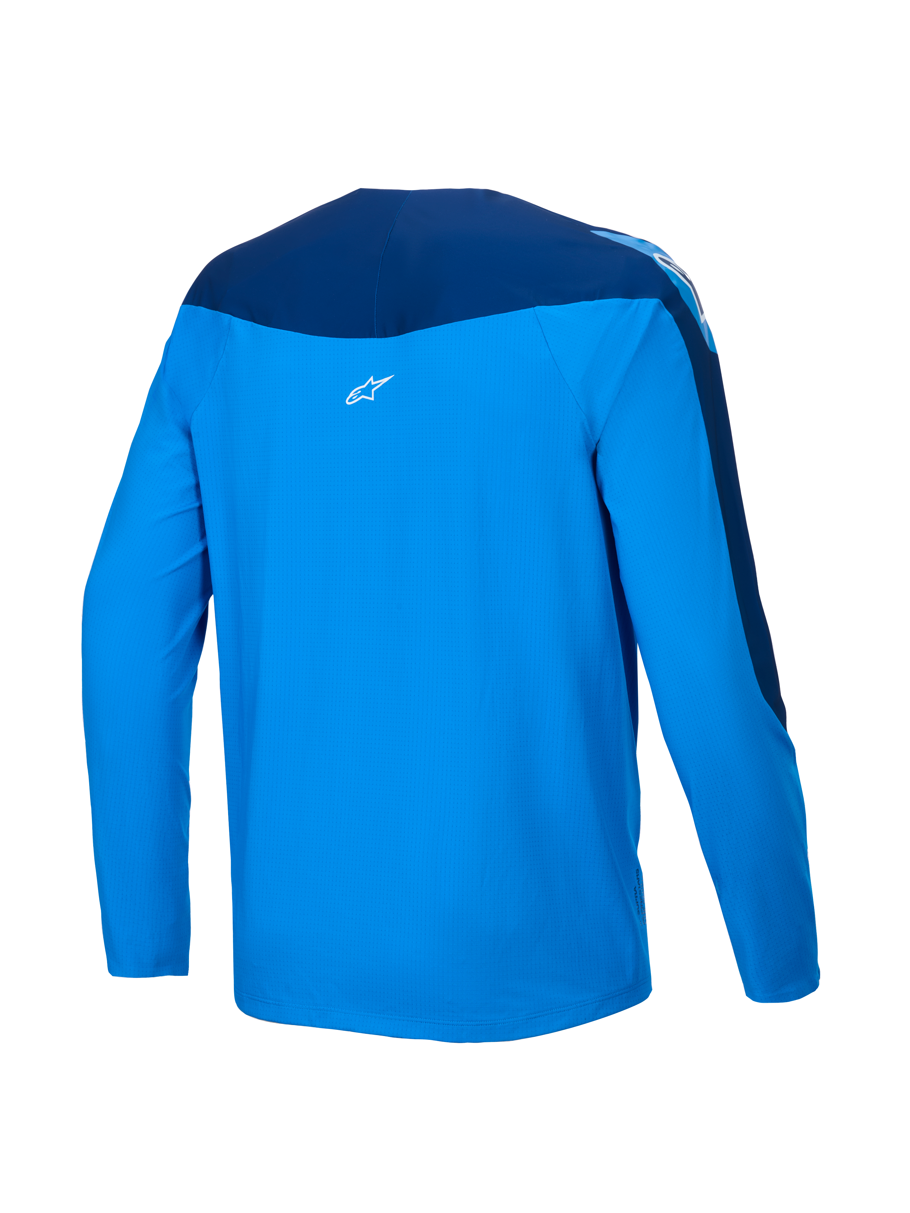 Alpinestars A-Supra Melt tröja, långärmad MTB-cykeltröja, baksida med blått och mörkblått färgschema, lätt mikroperforerad polyester med stretchpaneler