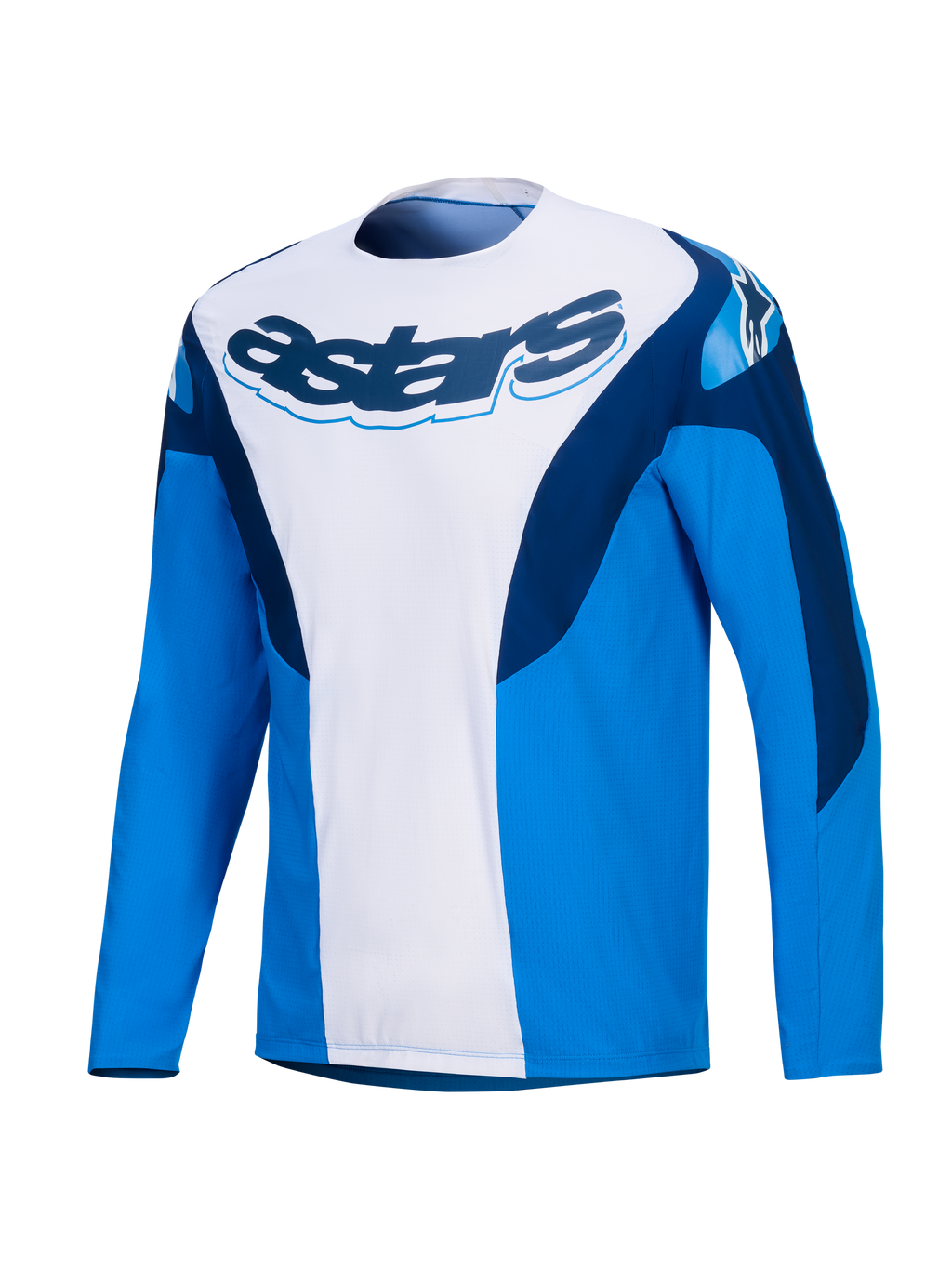 Alpinestars A-Supra Melt tröja, långärmad MTB-cykeltröja i blått och vitt med mörkblå logotyp och stretchpaneler, herrmodell för terrängkörning
