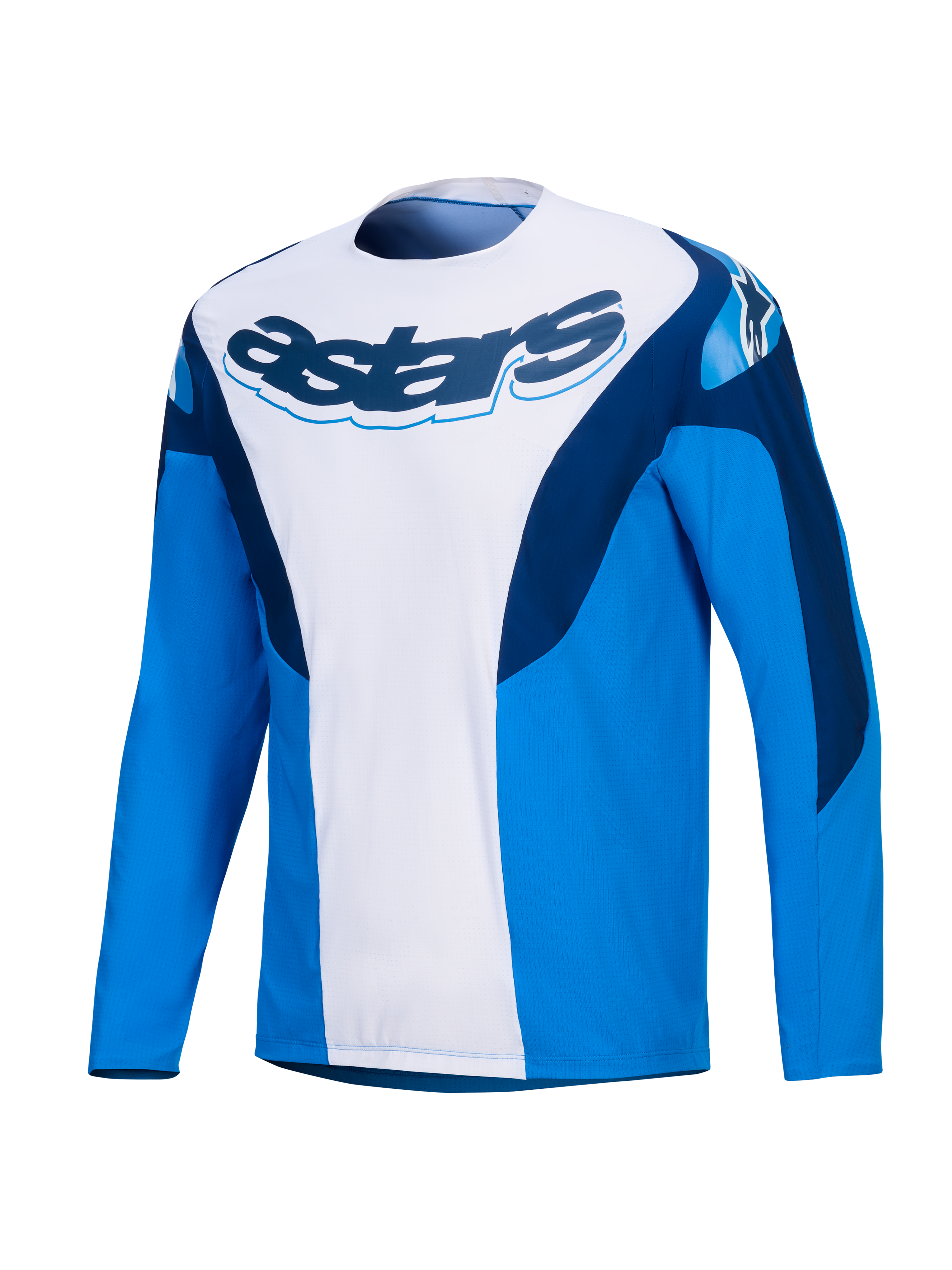 Alpinestars A-Supra Melt tröja, långärmad MTB-cykeltröja i blått och vitt med mörkblå logotyp och stretchpaneler, herrmodell för terrängkörning