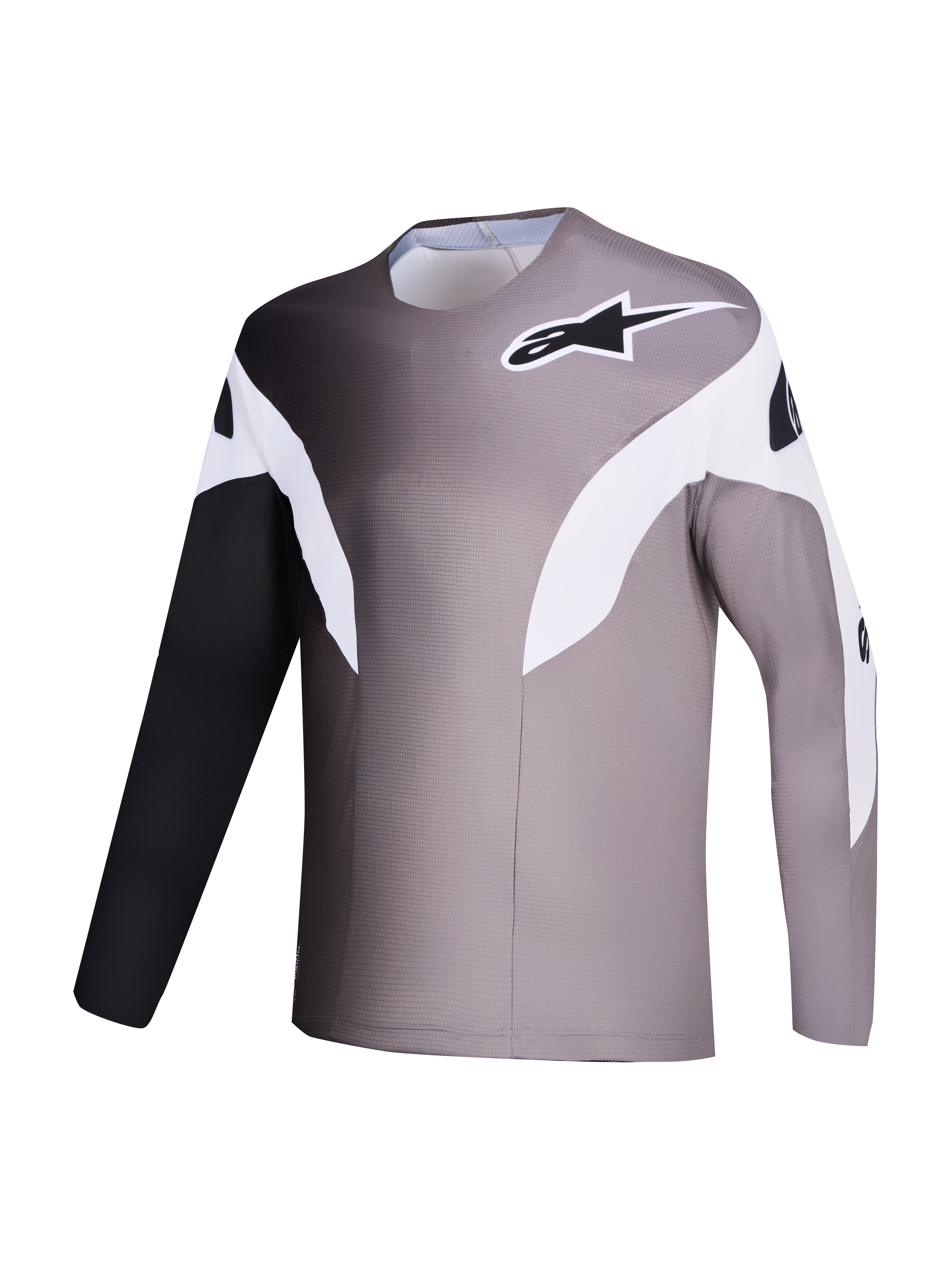 Alpinestars A-Supra Elite Tröja, gråtonad MTB-topp med gradientdesign och mikroperforerat återvunnet tyg.