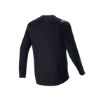 Alpinestars A-Aria Polartec Switch Long Sleeve Jersey, Black, rear view of mountain bike jersey, featuring a small tan logo on the shoulder and drop tail hem, technical moisture-wicking fabric for off-road cycling