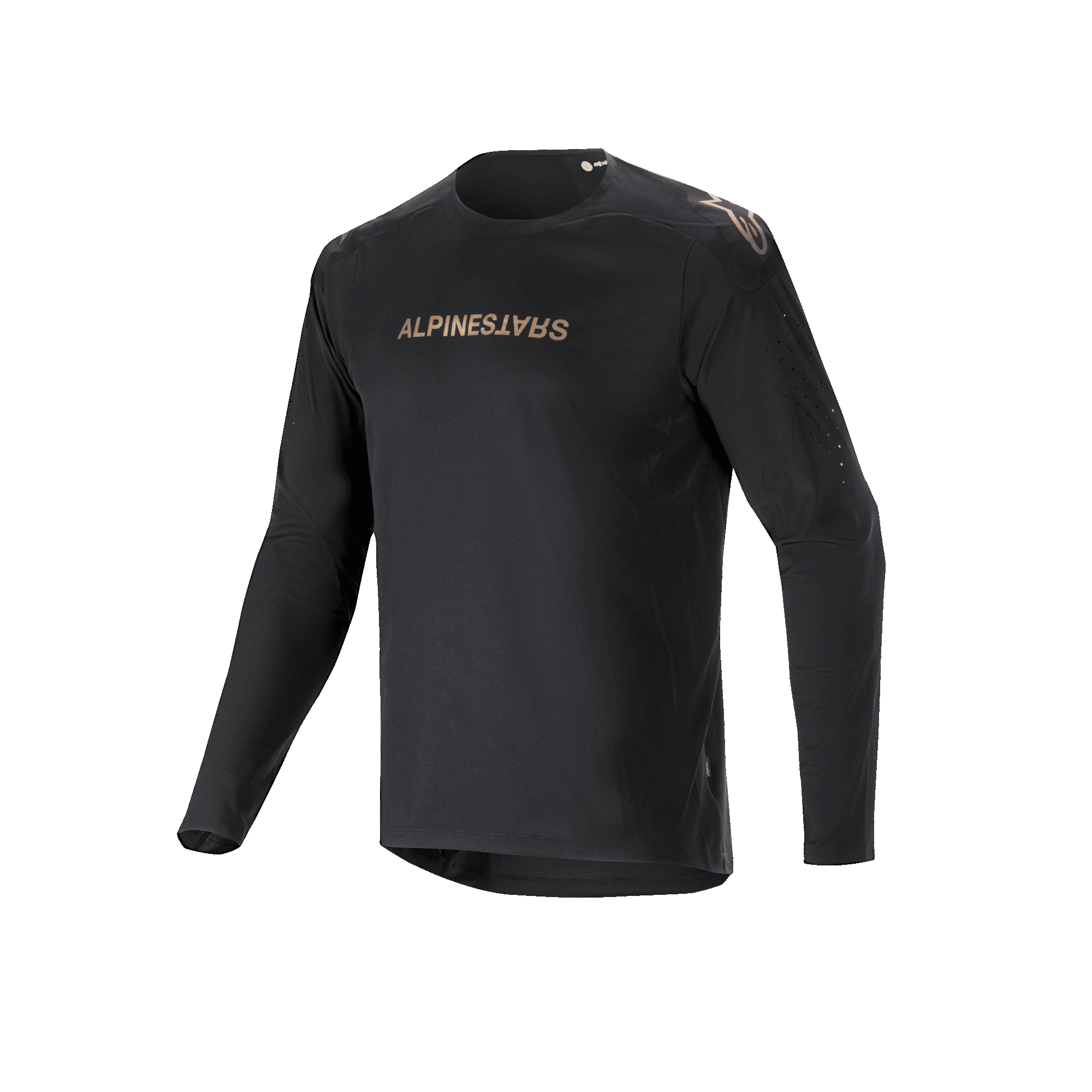 Alpinestars A-Aria Polartec Switch Long Sleeve Jersey, Black, mountain bike jersey featuring gold-toned Alpinestars branding on the chest and shoulders, with laser-perforated arms and moisture-wicking Polartec fabric for off-road performance