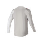 Alpinestars A-Aria Polartec Switch långärmad tröja, vy bakifrån, ljusgrå med mörkgrå axelpaneler och rosa logotypdetaljer, stretchtyg med hög prestanda och förlängt ryggslut, mountainbike-kläder för stigcykling