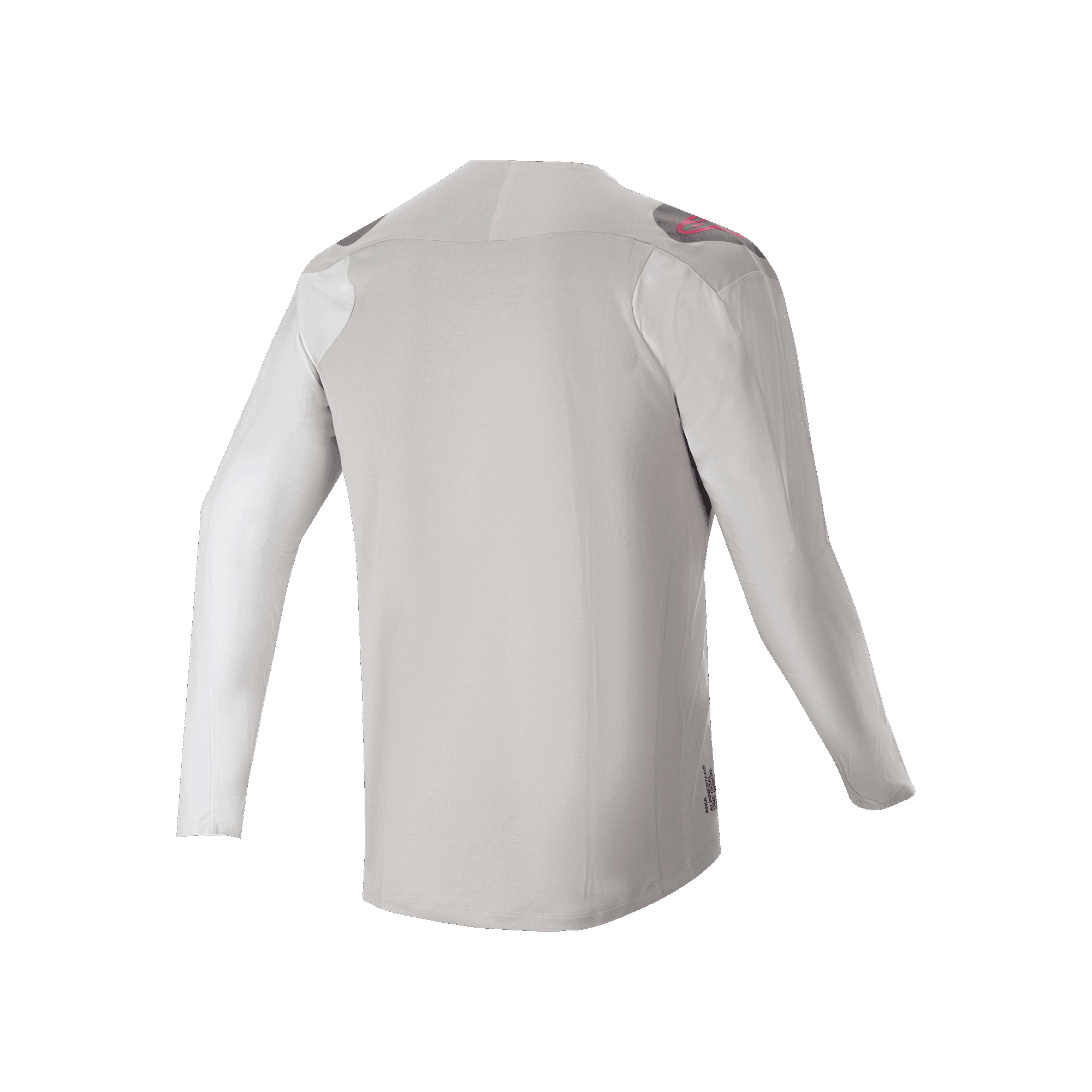 Alpinestars A-Aria Polartec Switch långärmad tröja, vy bakifrån, ljusgrå med mörkgrå axelpaneler och rosa logotypdetaljer, stretchtyg med hög prestanda och förlängt ryggslut, mountainbike-kläder för stigcykling