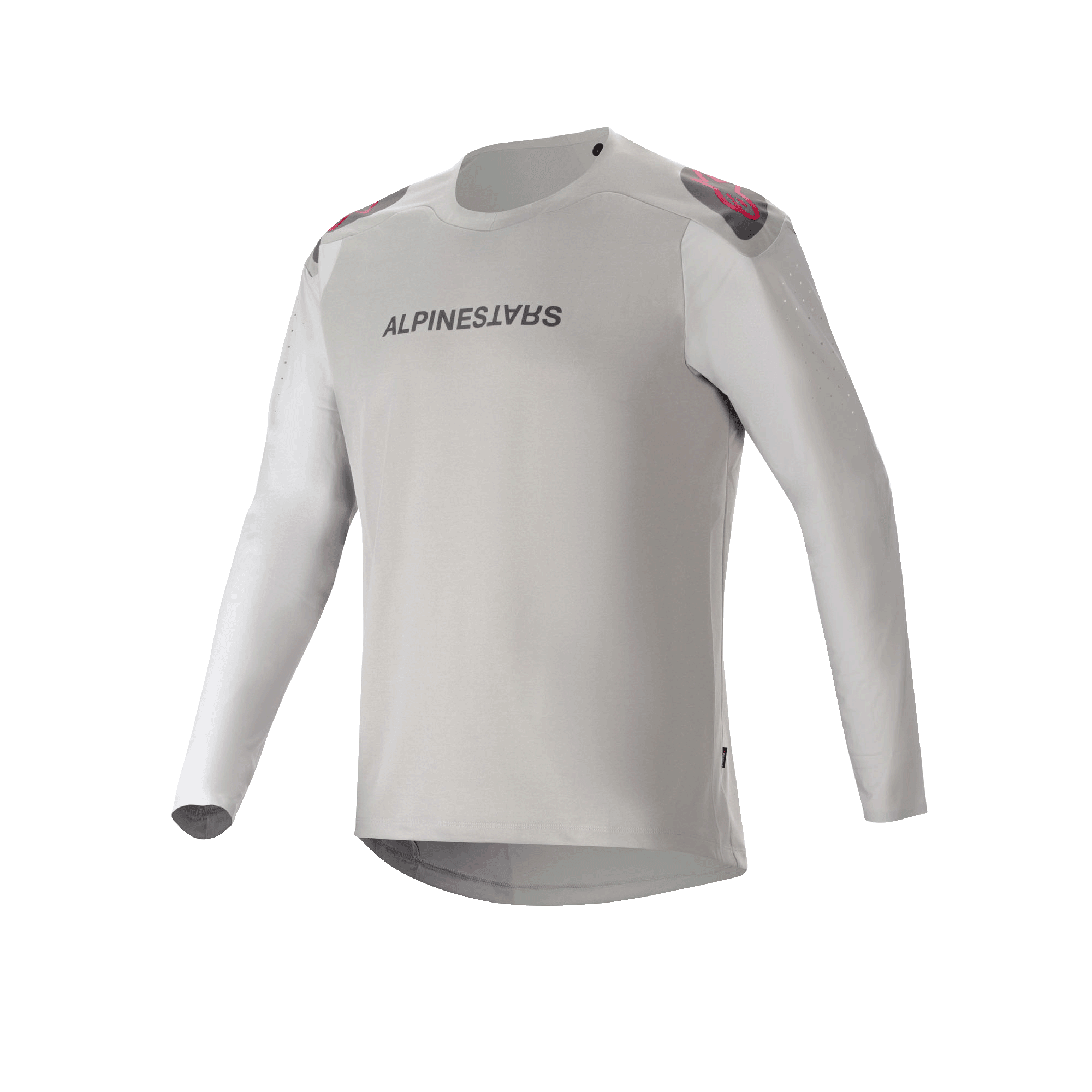 Alpinestars A-Aria Polartec Switch Jersey - Long Sleeve, ljusgrå mountainbike-tröja med svart logotyp på bröstet, röda och svarta detaljer på axlarna och laserperforerade ärmar för ventilation