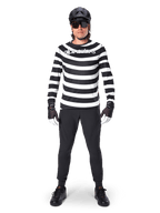 Alpinestars A-Aria Oscar Long Sleeve Jersey, MTB Jersey, Black and White horizontal stripes, worn with a black helmet and pants, featuring a vintage Oscar graphic and bold chest branding