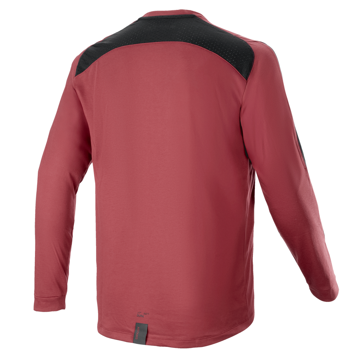 Alpinestars A-Dura Dri Astar långärmad tröja, vinröd, mountainbiketröja, baksida med svart ventilationspanel i mesh på axlarna, långa ärmar, tekniskt funktionsmaterial för terrängcykling