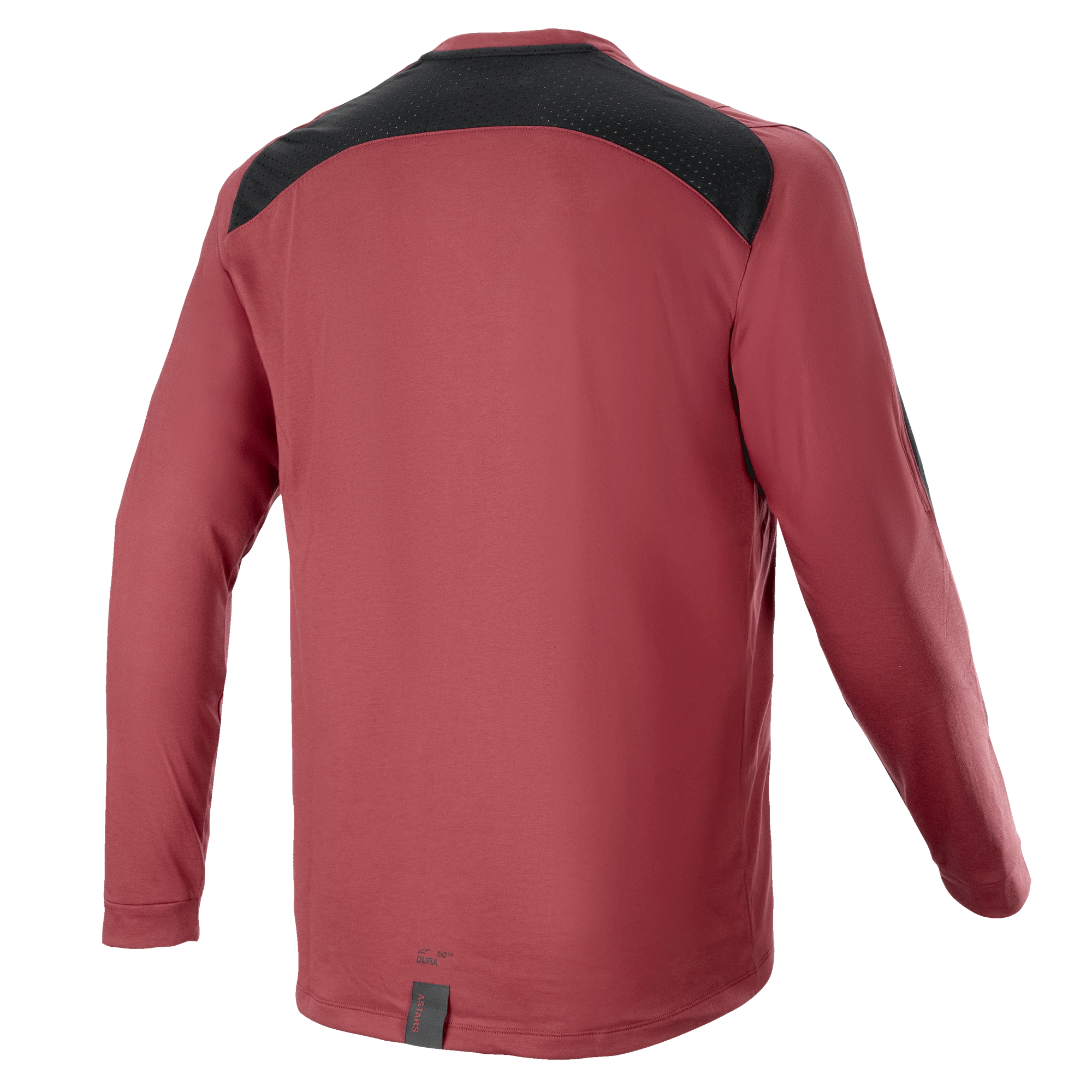 Alpinestars A-Dura Dri Astar långärmad tröja, vinröd, mountainbiketröja, baksida med svart ventilationspanel i mesh på axlarna, långa ärmar, tekniskt funktionsmaterial för terrängcykling