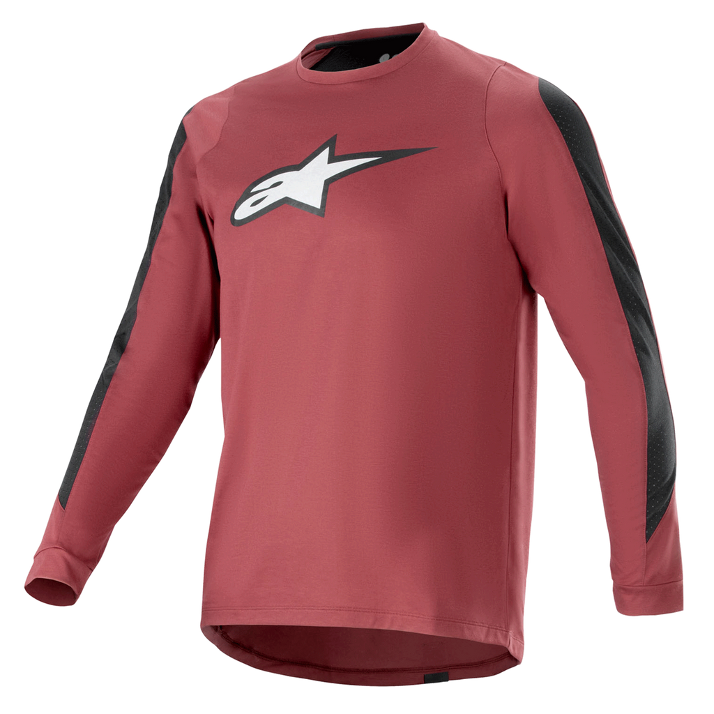 Alpinestars A-Dura Dri Astar långärmad tröja, vinröd och svart, fukttransporterande drirelease-tyg, rundhalsad, vit Astar-logotyp på bröstet, svarta meshpaneler på ärmarna, funktionella mountainbikekläder