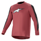 Alpinestars A-Dura Dri Astar långärmad tröja, vinröd och svart, fukttransporterande drirelease-tyg, rundhalsad, vit Astar-logotyp på bröstet, svarta meshpaneler på ärmarna, funktionella mountainbikekläder