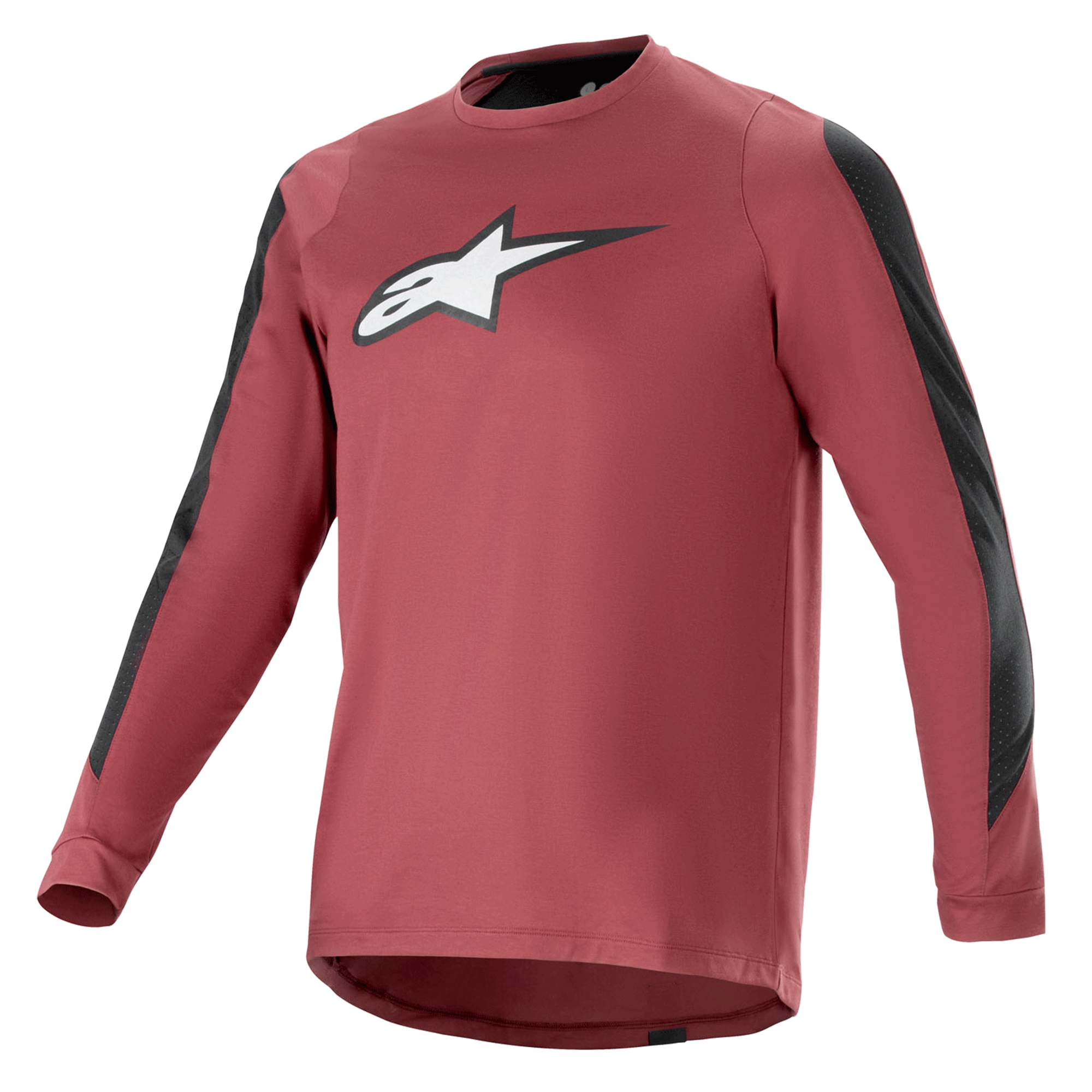Alpinestars A-Dura Dri Astar långärmad tröja, vinröd och svart, fukttransporterande drirelease-tyg, rundhalsad, vit Astar-logotyp på bröstet, svarta meshpaneler på ärmarna, funktionella mountainbikekläder