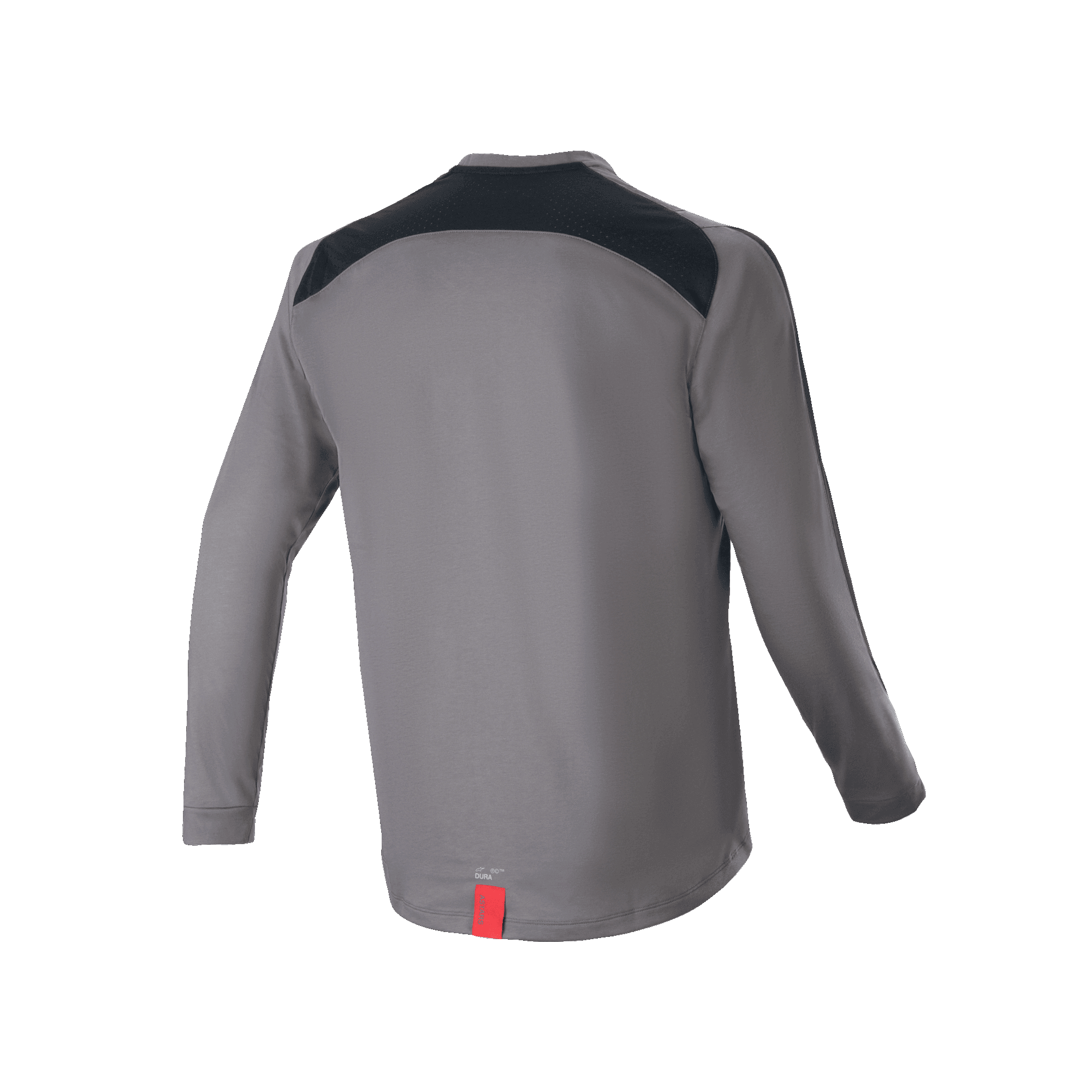 Alpinestars A-Dura Dri Astar långärmad tröja, mörkgrå, baksida med svarta ventilationspaneler i mesh över axlarna och en liten röd detalj vid fållen, tekniska mountainbikekläder