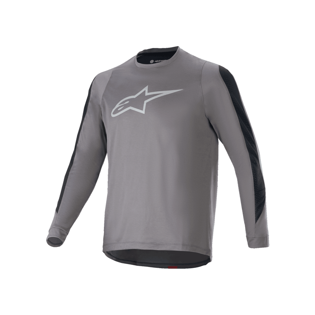 Alpinestars A-Dura Dri Astar långärmad tröja, mörkgrå med vit Astars-logotyp på bröstet, svarta meshpaneler för ventilation på ärmarna, funktionell cykeltröja för MTB