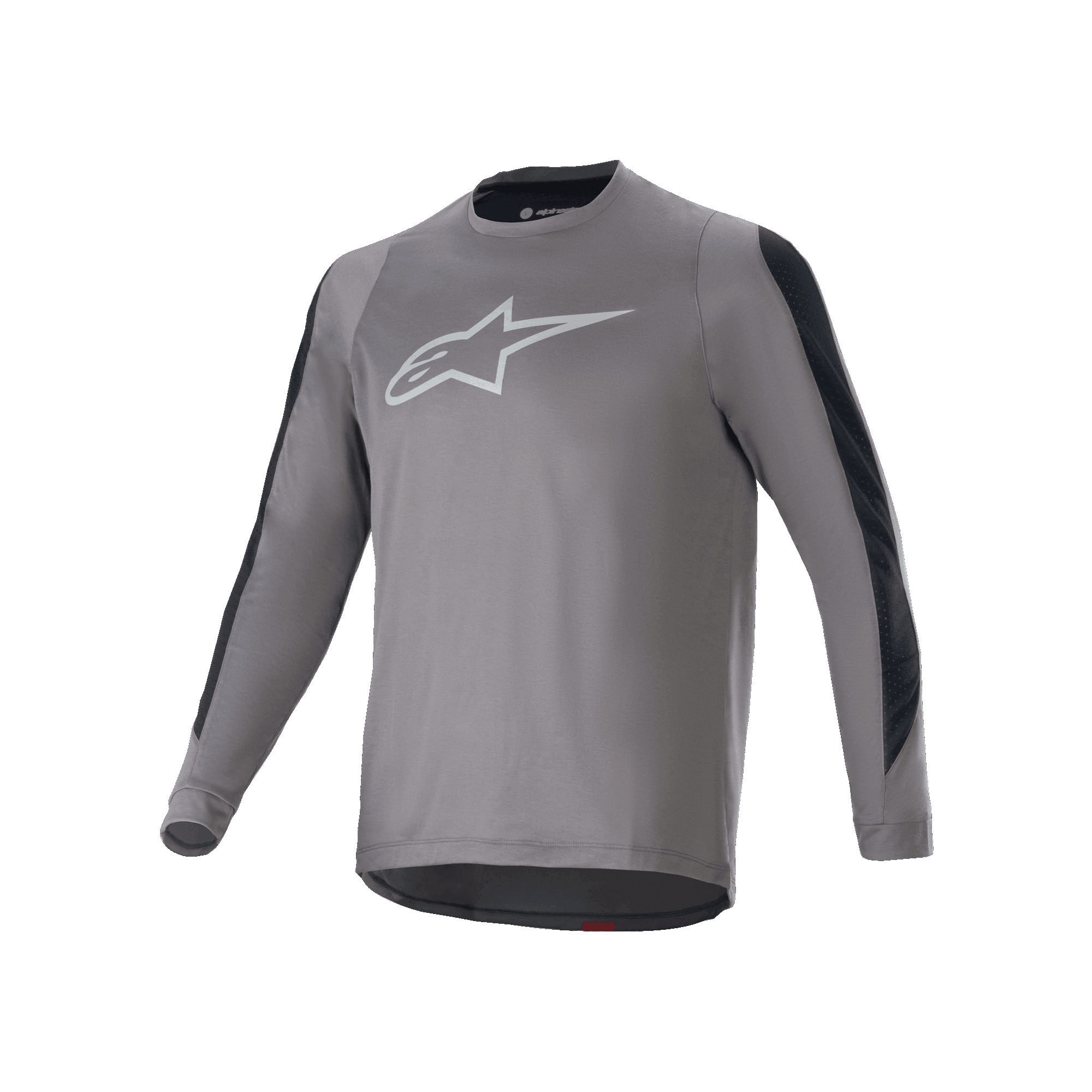 Alpinestars A-Dura Dri Astar långärmad tröja, mörkgrå med vit Astars-logotyp på bröstet, svarta meshpaneler för ventilation på ärmarna, funktionell cykeltröja för MTB