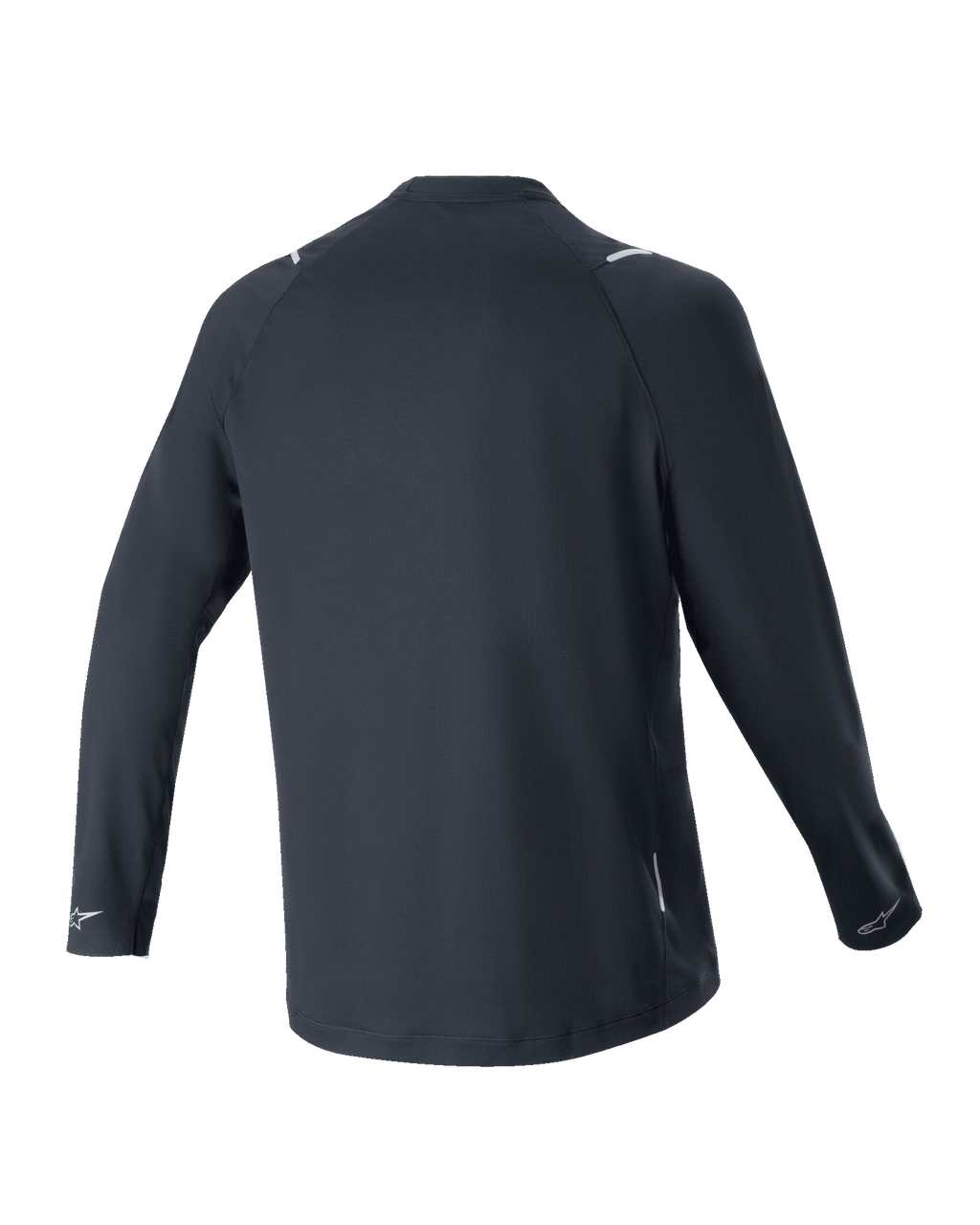 Alpinestars A-Aria Switch långärmad tröja, svart, vy bakifrån, lätt och ventilerande polyestertyg, med en förlängd bakre fåll för extra täckning och reflekterande Alpinestars-logotyper på manschetterna, prestandapassform för mountainbike-cykling