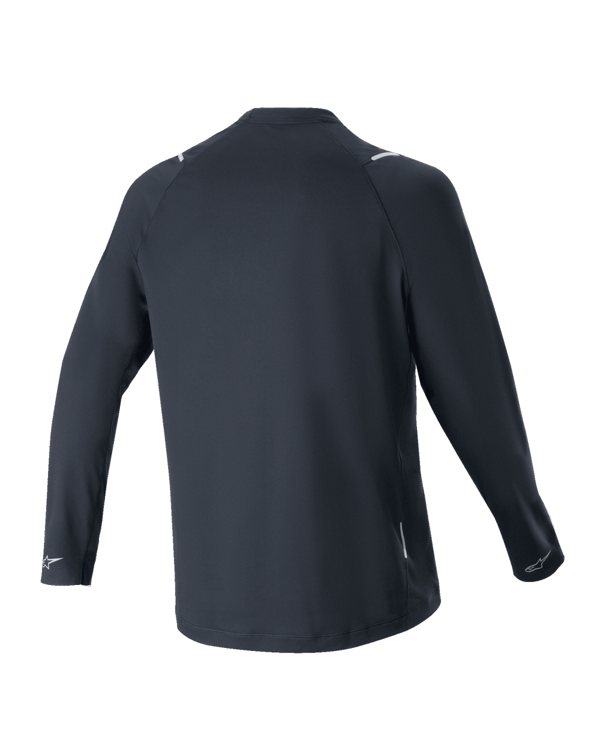Alpinestars A-Aria Switch långärmad tröja, svart, vy bakifrån, lätt och ventilerande polyestertyg, med en förlängd bakre fåll för extra täckning och reflekterande Alpinestars-logotyper på manschetterna, prestandapassform för mountainbike-cykling