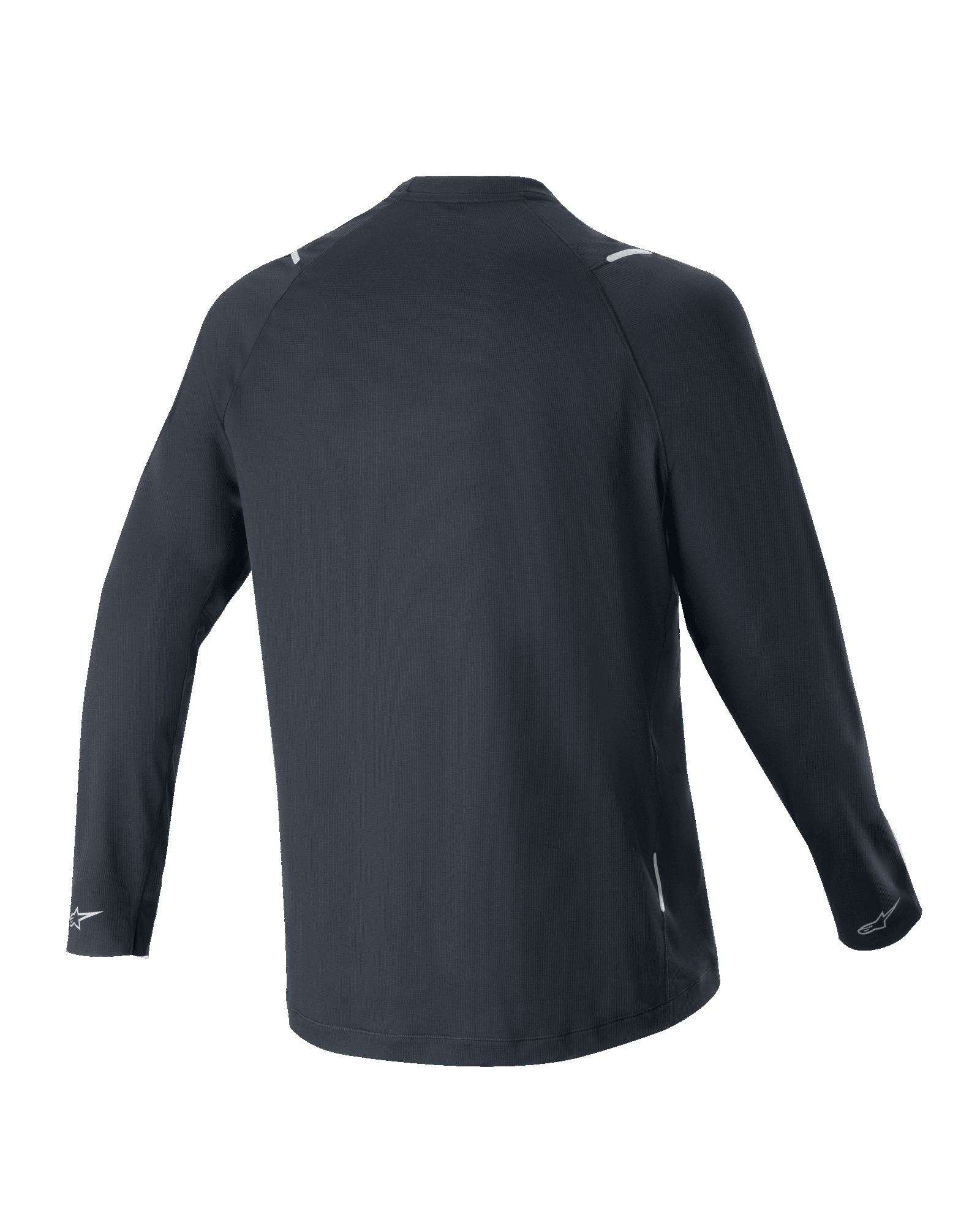 Alpinestars A-Aria Switch långärmad tröja, svart, vy bakifrån, lätt och ventilerande polyestertyg, med en förlängd bakre fåll för extra täckning och reflekterande Alpinestars-logotyper på manschetterna, prestandapassform för mountainbike-cykling