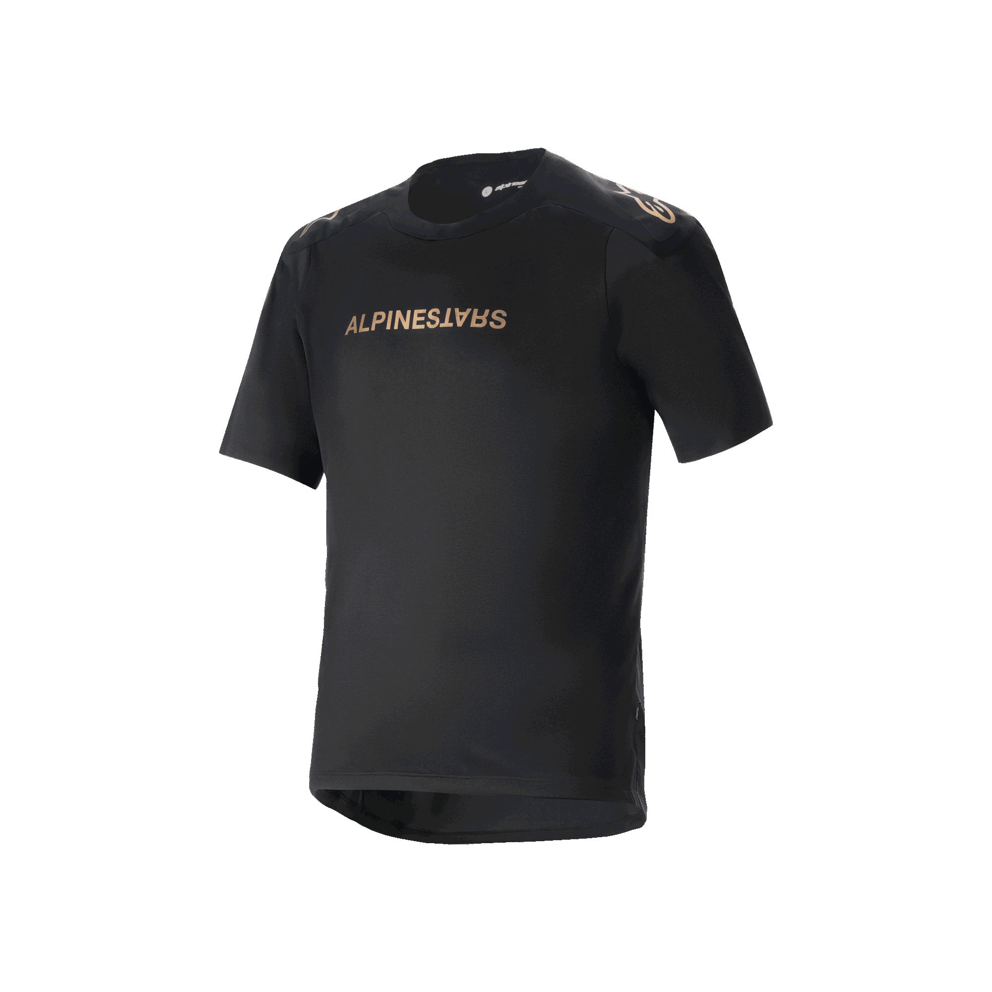 Alpinestars A-Aria Polartec Switch Short Sleeve Jersey, Black mountain bike jersey, bronze-toned Alpinestars branding on chest and shoulders, technical moisture-wicking fabric, performance fit with drop tail hem