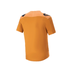 Alpinestars A-Aria Polartec Switch Jersey, kortärmad MTB-tröja, Dark Gold, vy bakifrån med svarta logotyper på axlarna och förlängt bakstycke, funktionskläder för mountainbike