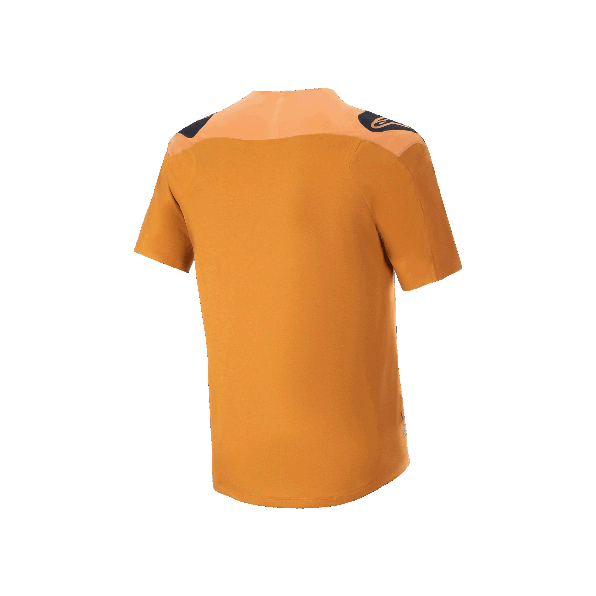 Alpinestars A-Aria Polartec Switch Jersey, kortärmad MTB-tröja, Dark Gold, vy bakifrån med svarta logotyper på axlarna och förlängt bakstycke, funktionskläder för mountainbike