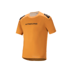 Alpinestars A-Aria Polartec Switch kortärmad tröja, Dark Gold, svart Alpinestars-text på bröstet, logotyper på axlarna, teknisk mountainbike-utrustning med förlängt bakstycke