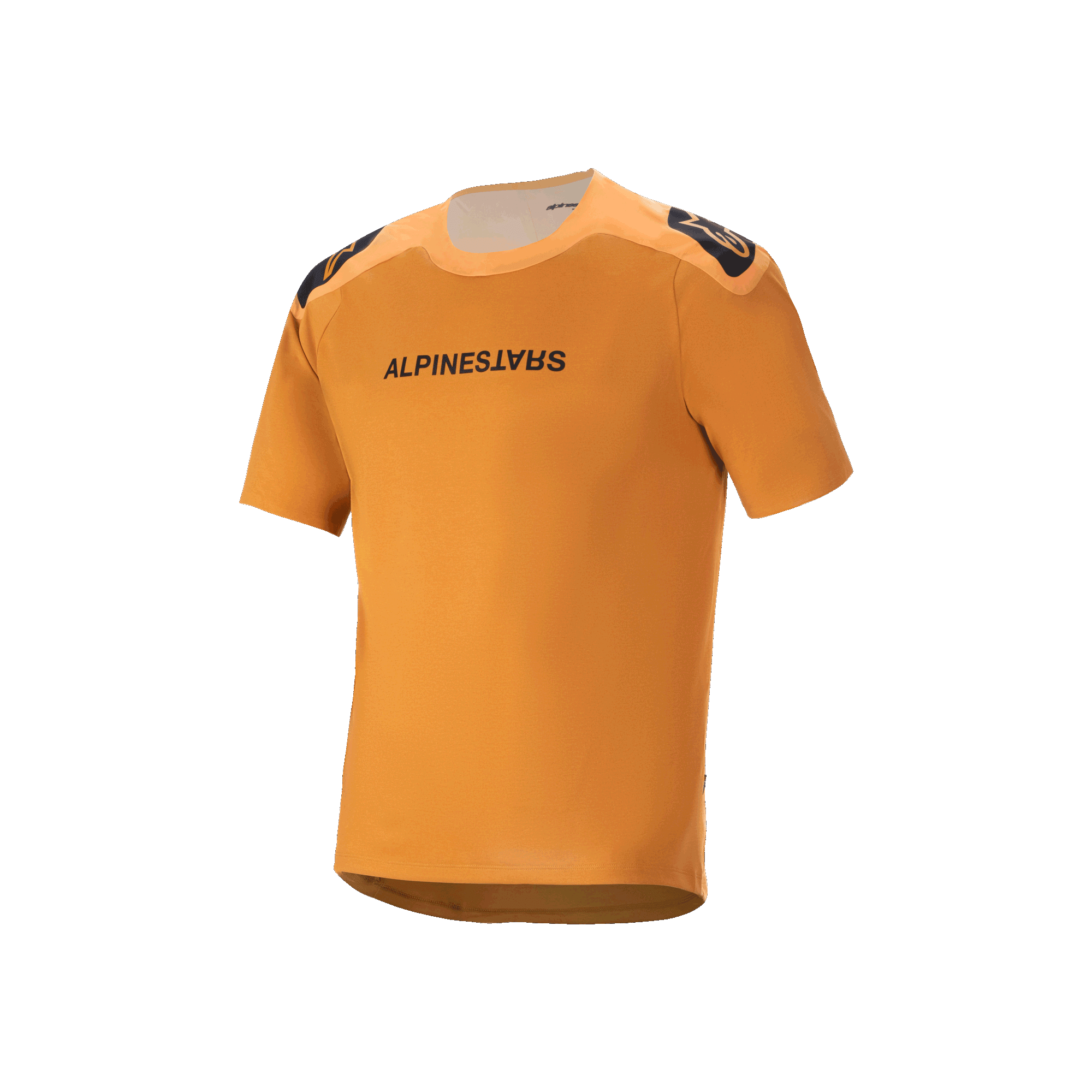 Alpinestars A-Aria Polartec Switch kortärmad tröja, Dark Gold, svart Alpinestars-text på bröstet, logotyper på axlarna, teknisk mountainbike-utrustning med förlängt bakstycke