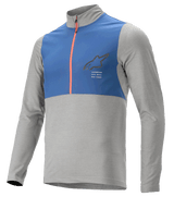 Alpinestars Nevada Jersey - Long Sleeve, Melange Gray and Mid Blue, half-zip chest panel with coral orange zipper, featuring black Alpinestars logo and 'One Goal One Vision' text, lightweight MTB cycling apparel