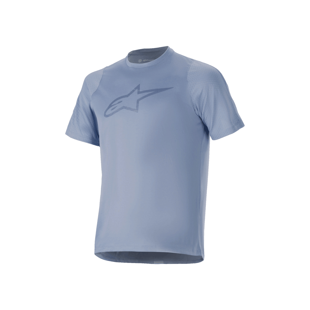 Alpinestars A-Dura Dri Astar kortärmad tröja, Infinity Blue, med en stor logotyp på bröstet, ventilerande nätpaneler på ärmarna och drirelease-tyg, designad för mountainbike-prestanda.