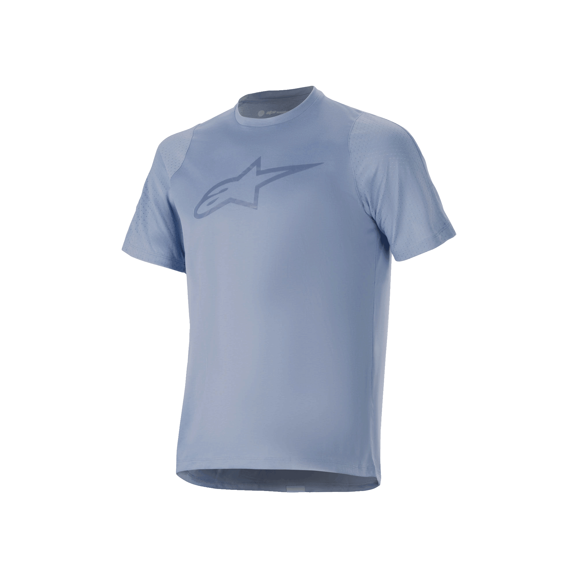 Alpinestars A-Dura Dri Astar kortärmad tröja, Infinity Blue, med en stor logotyp på bröstet, ventilerande nätpaneler på ärmarna och drirelease-tyg, designad för mountainbike-prestanda.