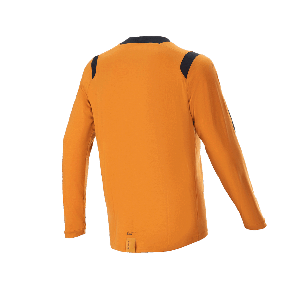 Alpinestars A-Dura Dri Wool Long Sleeve Jersey, Dark Gold, baksida med svarta meshpaneler på axlarna och kragen, teknisk mountainbike-tröja med ett längre bakstycke