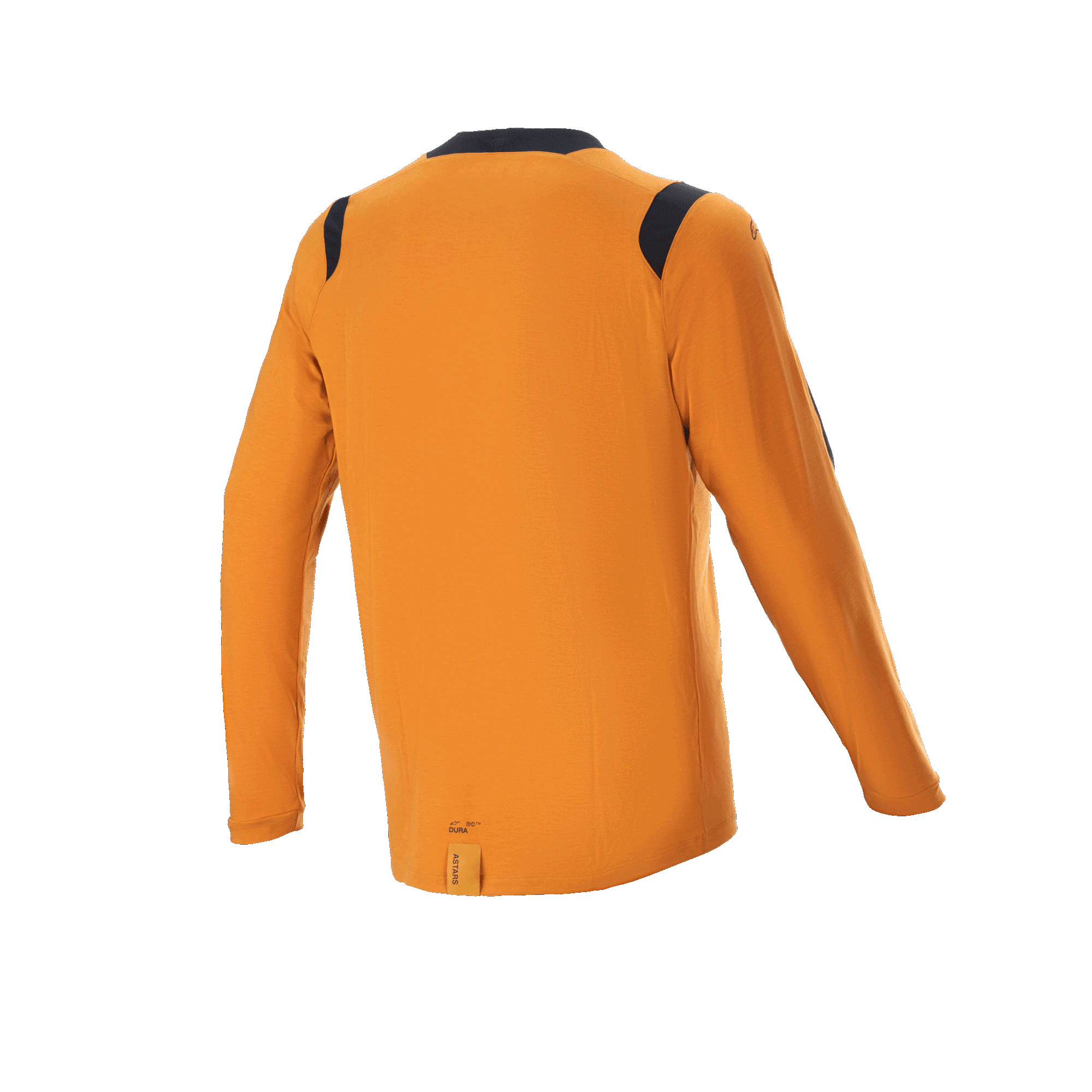 Alpinestars A-Dura Dri Wool Long Sleeve Jersey, Dark Gold, baksida med svarta meshpaneler på axlarna och kragen, teknisk mountainbike-tröja med ett längre bakstycke