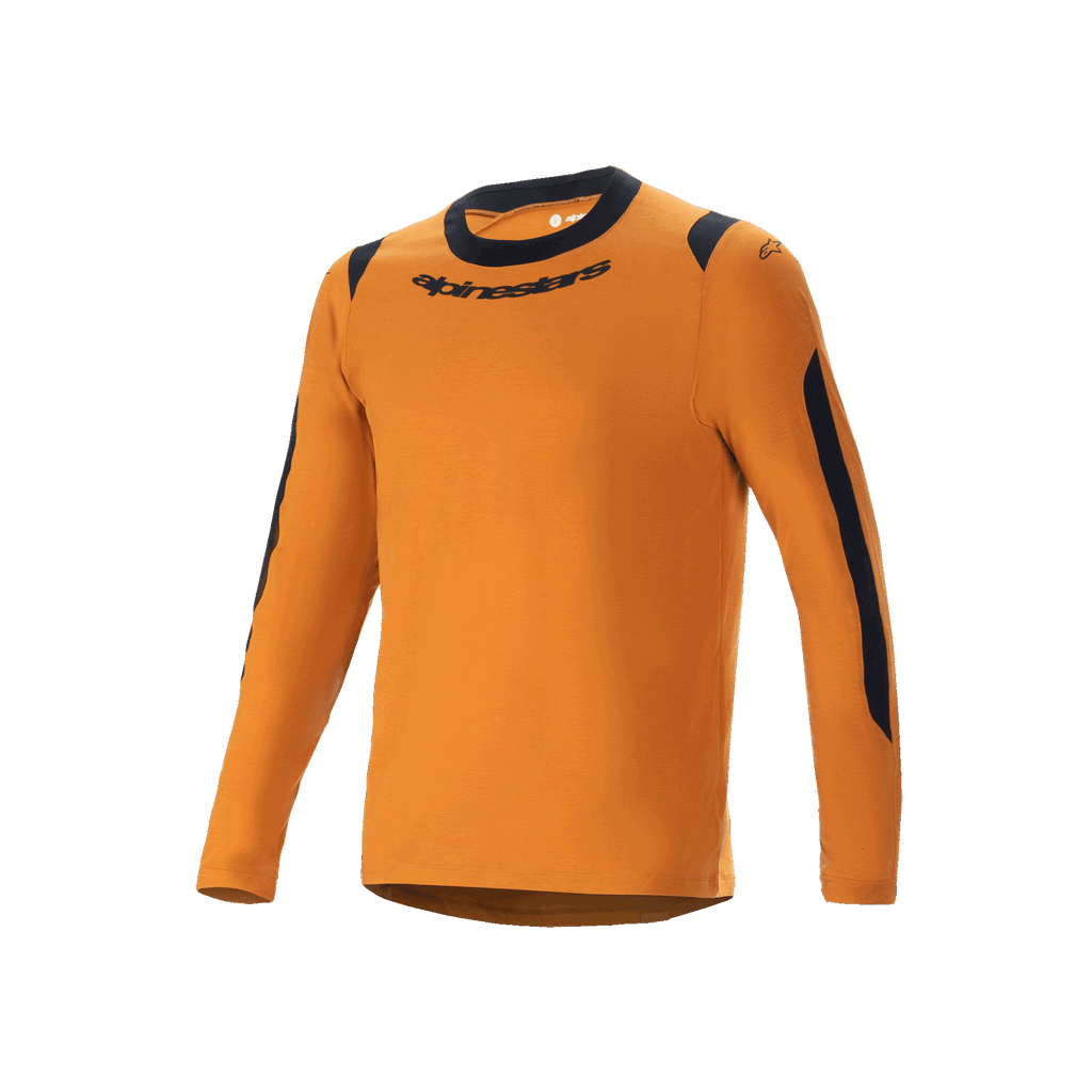 Alpinestars A-Dura Dri Wool Jersey - långärmad, mountainbiketröja, mörkt guld, svart rund halsringning och meshpaneler på axlar och ärmar, Alpinestars logotyp på bröstet, teknisk ullblandning för stigcykling