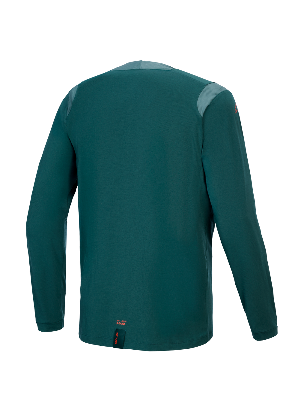 Alpinestars A-Dura Dri Wool Jersey – långärmad, Dark Pine, vy bakifrån med meshpaneler på axlarna och kragen, tekniskt ullblandat material, förlängt bakstycke för extra täckning vid MTB-cykling, liten orange logotyp vid den nedre fållen
