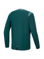Alpinestars A-Dura Dri Wool Jersey – långärmad, Dark Pine, vy bakifrån med meshpaneler på axlarna och kragen, tekniskt ullblandat material, förlängt bakstycke för extra täckning vid MTB-cykling, liten orange logotyp vid den nedre fållen