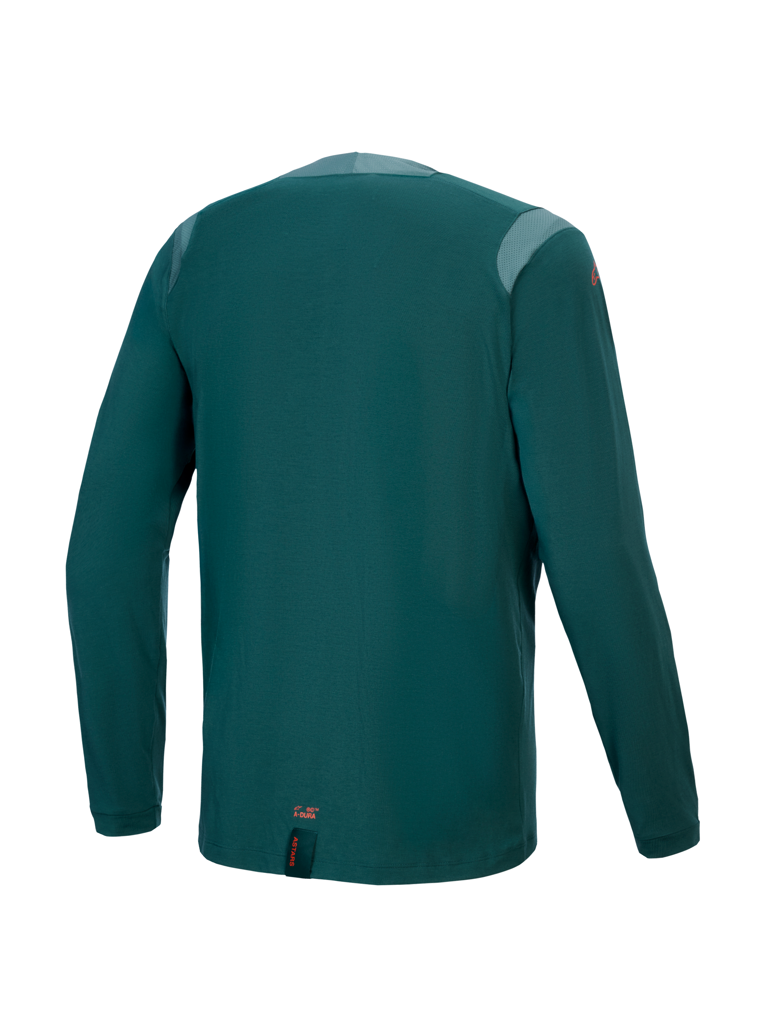 Alpinestars A-Dura Dri Wool Jersey – långärmad, Dark Pine, vy bakifrån med meshpaneler på axlarna och kragen, tekniskt ullblandat material, förlängt bakstycke för extra täckning vid MTB-cykling, liten orange logotyp vid den nedre fållen